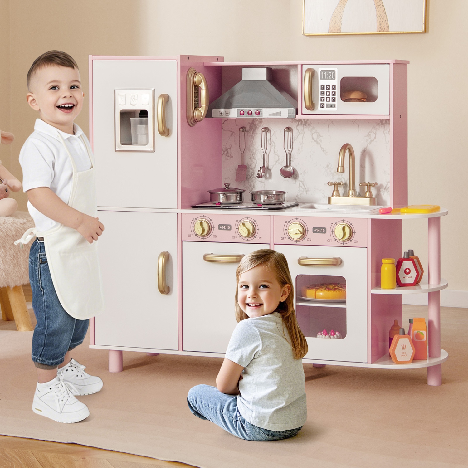 Gymax Kids Kitchen Playset w/ Apron Stoves Hood Oven Ice Maker Microwave Telephone