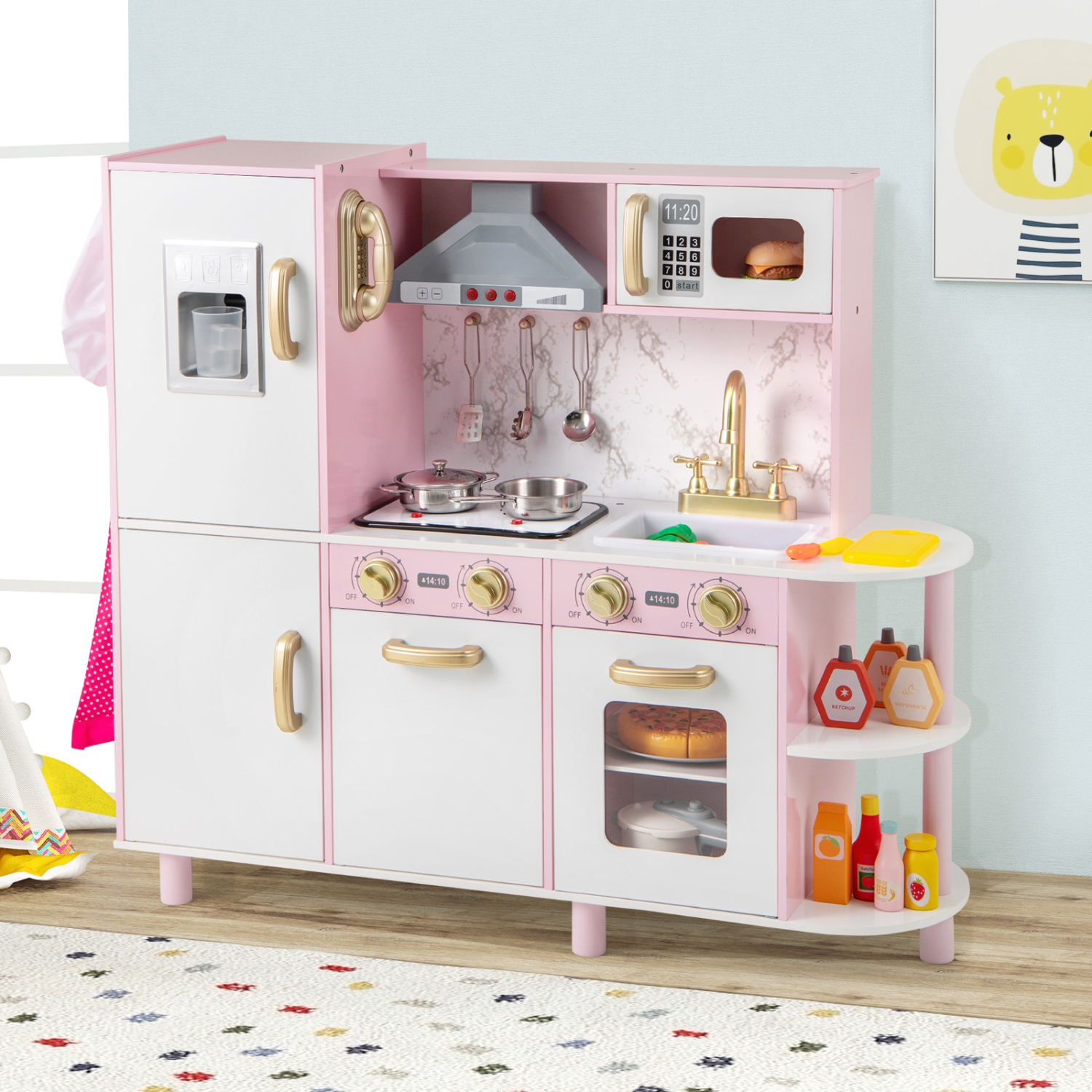 Gymax Kids Kitchen Playset w/ Apron Stoves Hood Oven Ice Maker Microwave Telephone