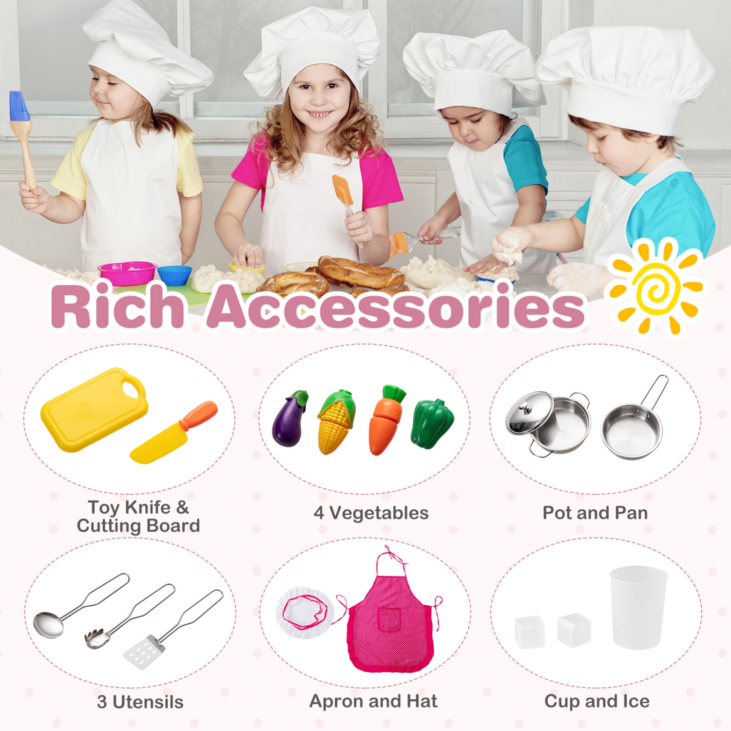 Gymax Kids Kitchen Playset w/ Apron Stoves Hood Oven Ice Maker Microwave Telephone