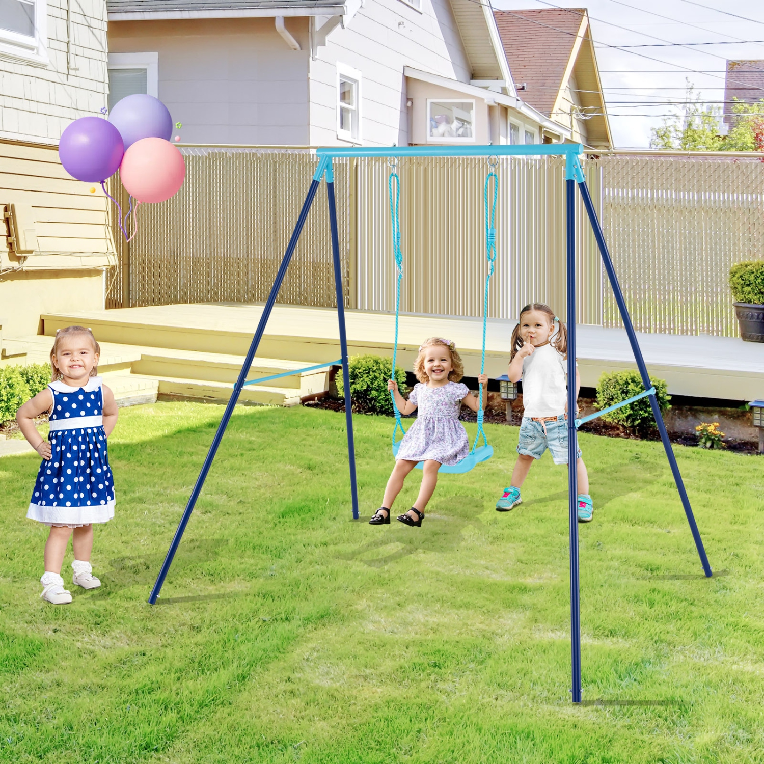 Gymax Toddler Swing Heavy Duty Metal Swing Set w/ A Frame Adjustable Ropes