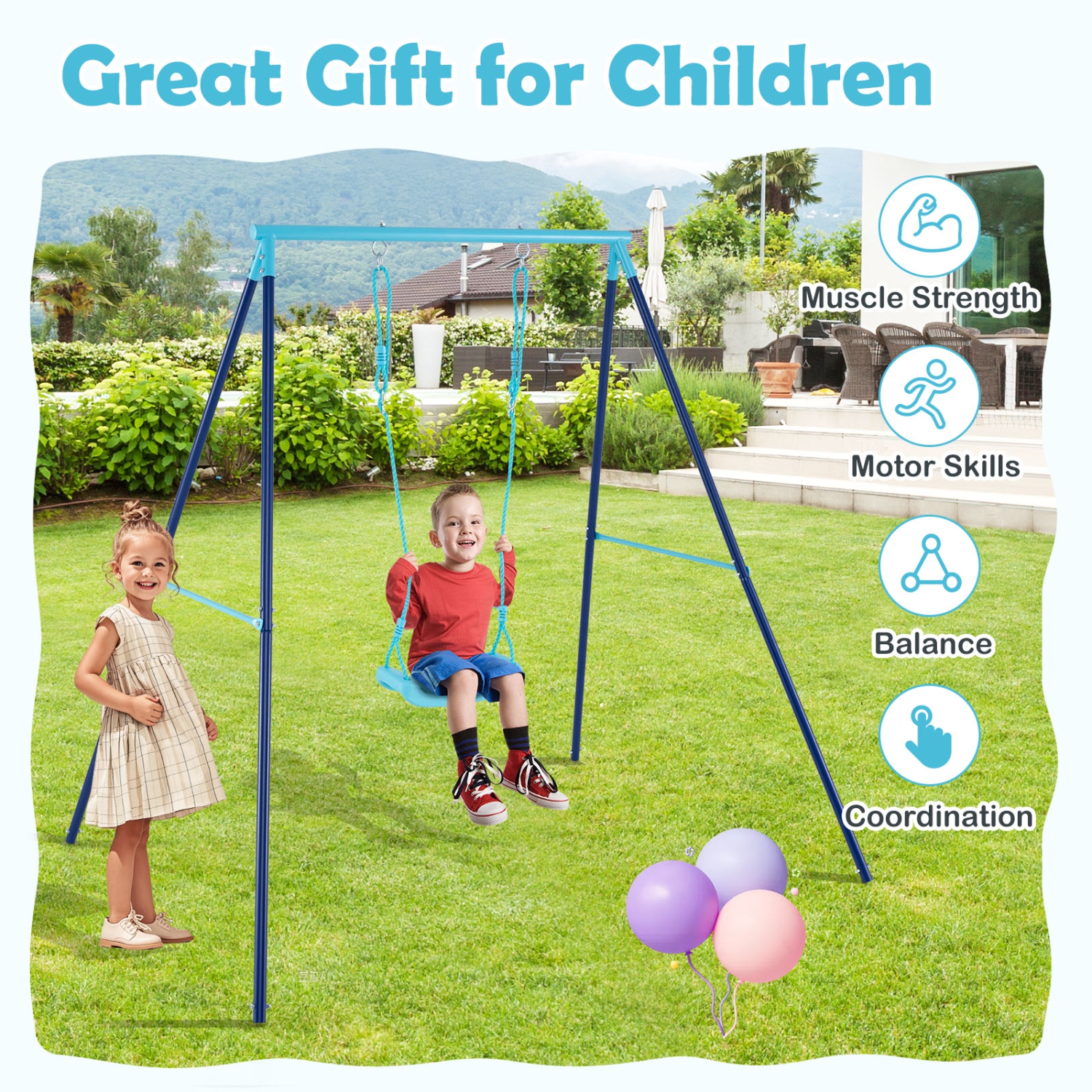 Gymax Toddler Swing Heavy Duty Metal Swing Set w/ A Frame Adjustable Ropes