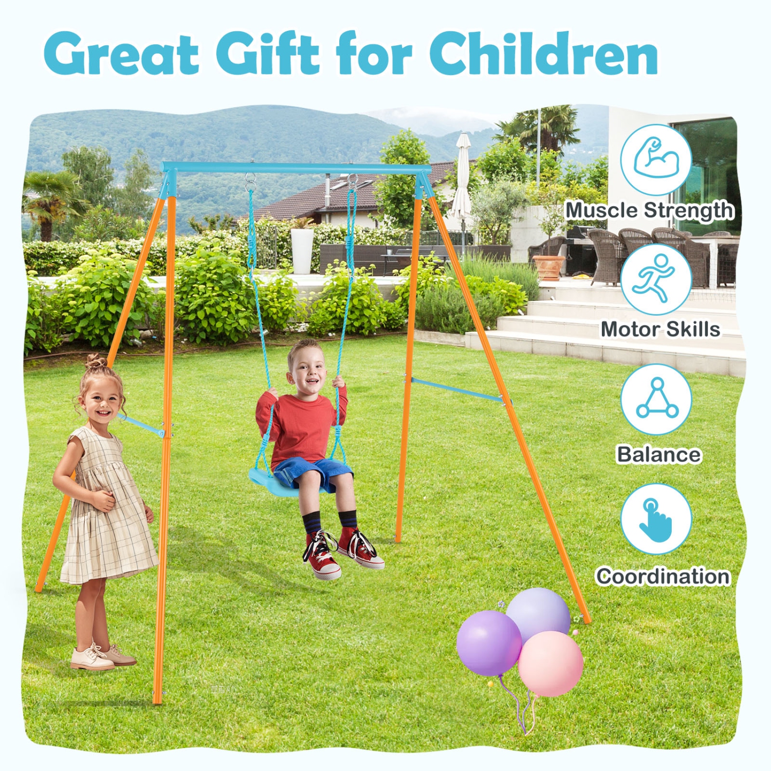 Gymax Toddler Swing Heavy Duty Metal Swing Set w/ A Frame Adjustable Ropes