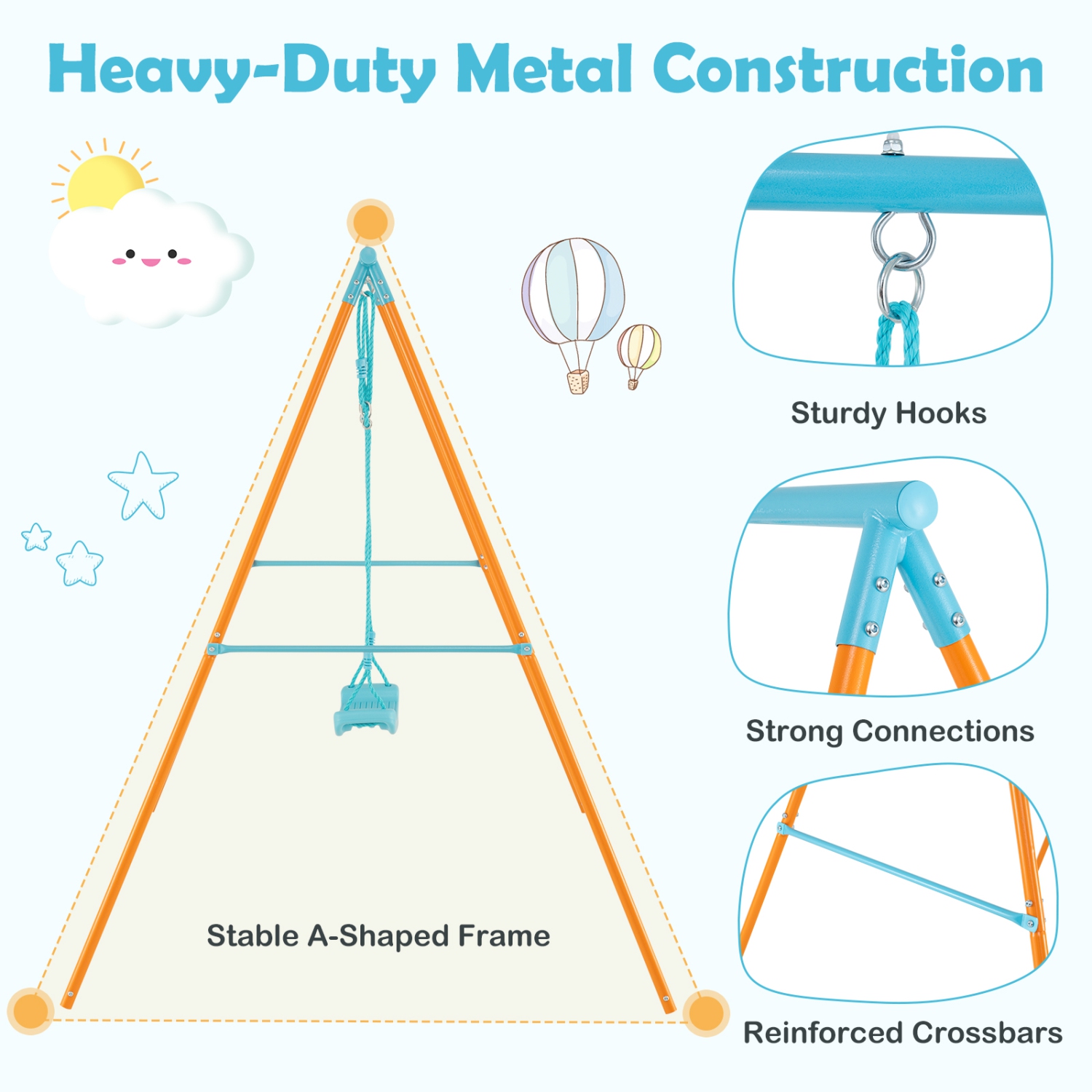 Gymax Toddler Swing Heavy Duty Metal Swing Set w/ A Frame Adjustable Ropes