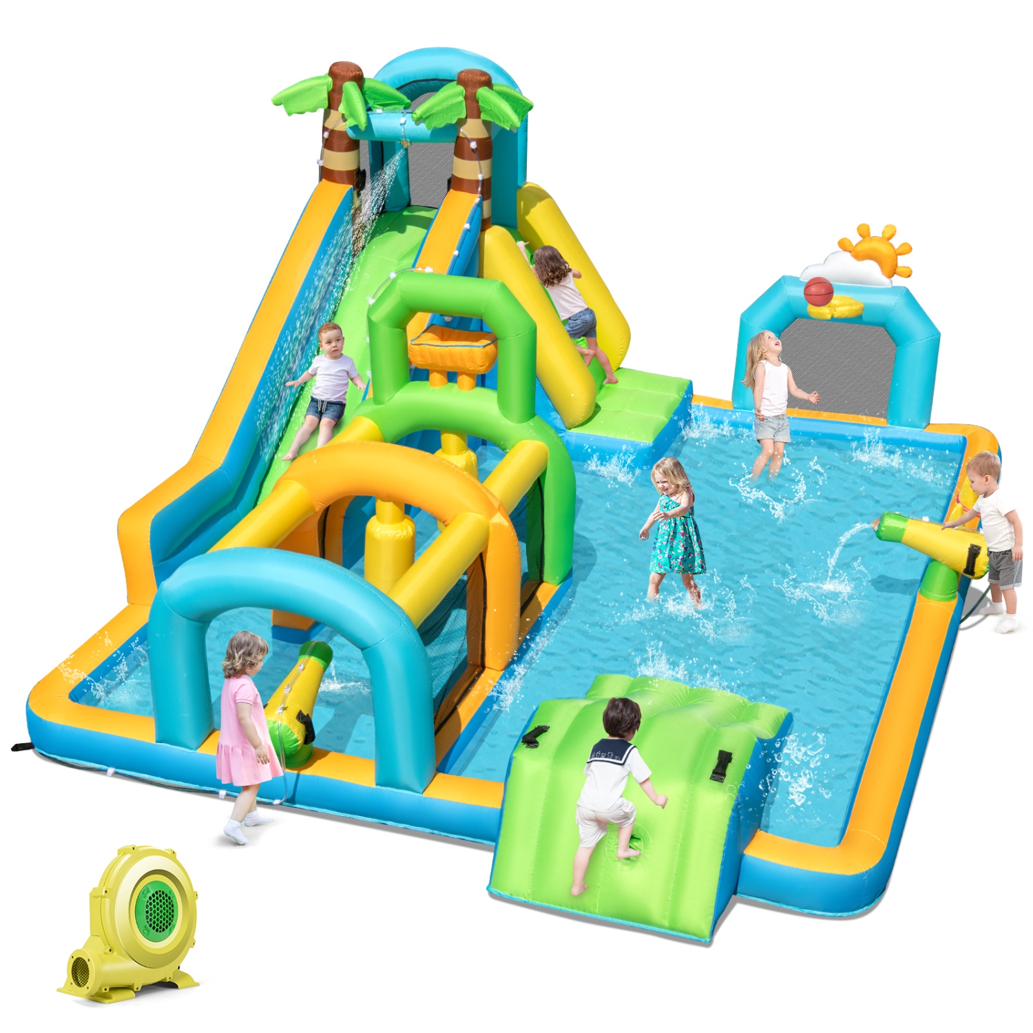 Gymax Inflatable Water Slide w/Splash Pool Climbing Wall Football Goal 735W Blower