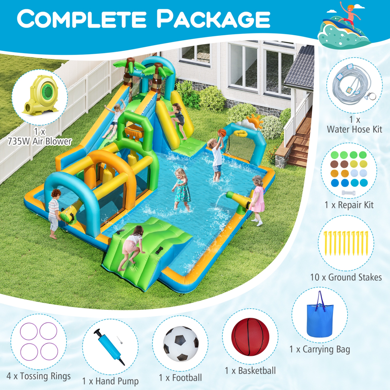 Gymax Inflatable Water Slide w/Splash Pool Climbing Wall Football Goal 735W Blower