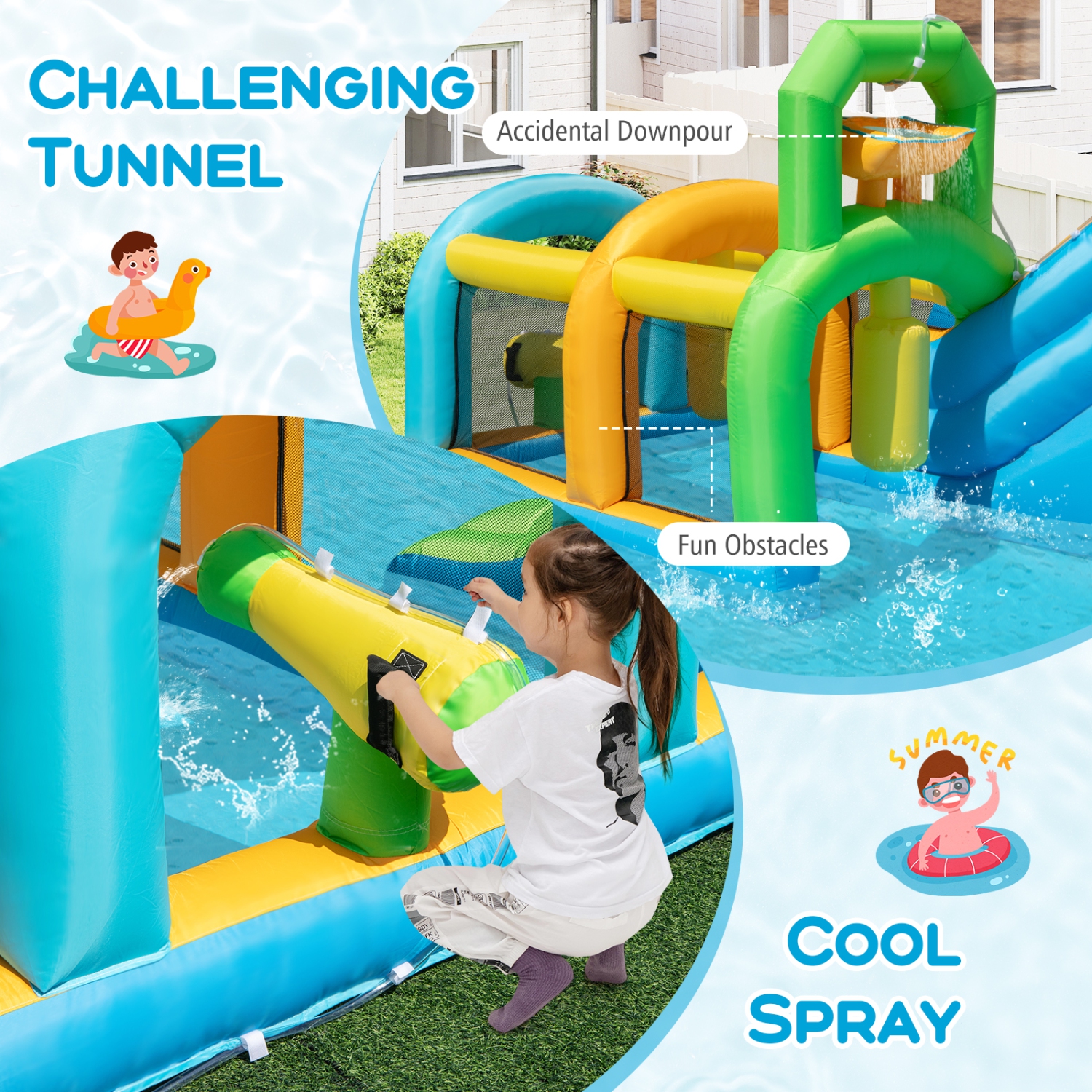 Gymax Inflatable Water Slide w/Splash Pool Climbing Wall Football Goal 735W Blower