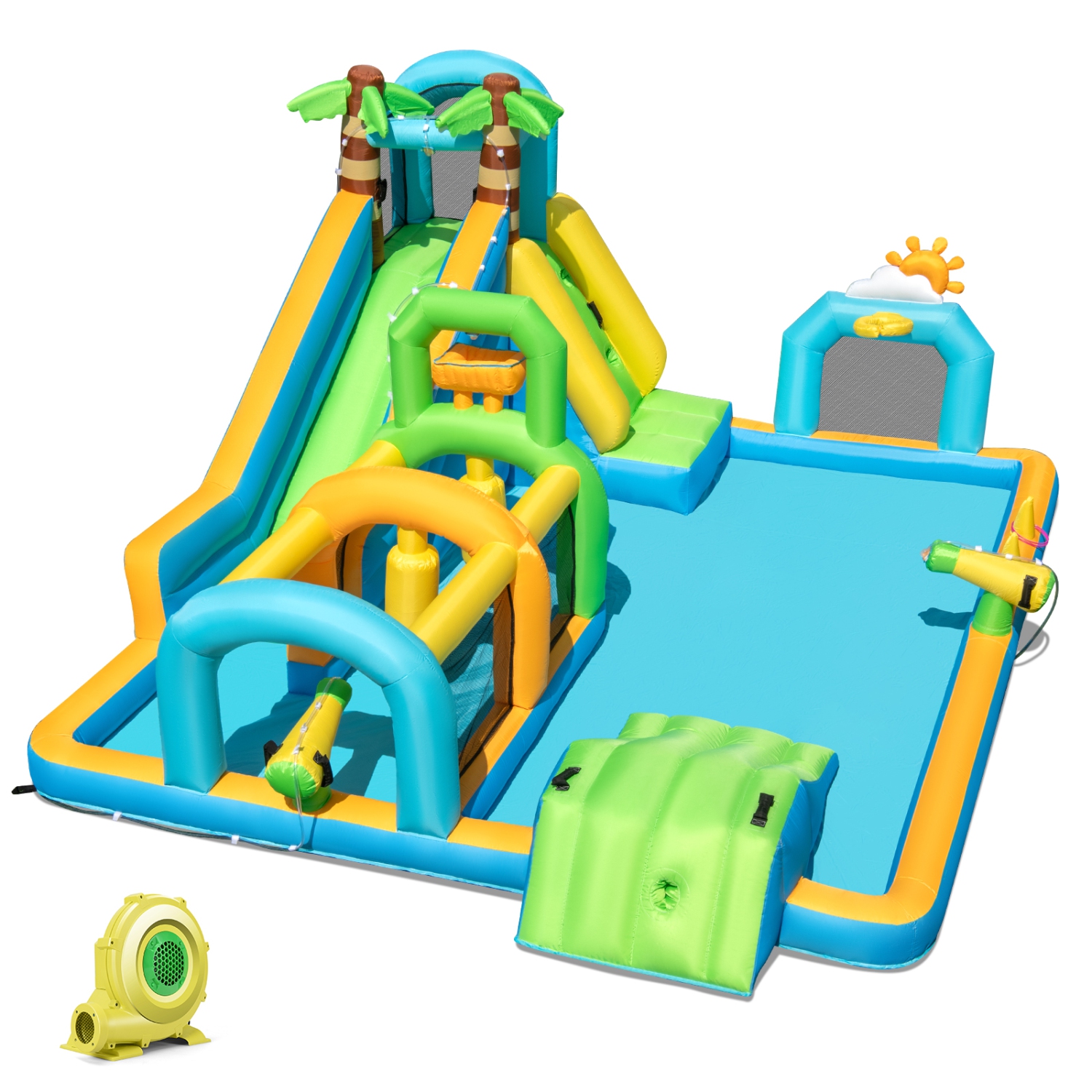 Gymax Inflatable Water Slide w/Splash Pool Climbing Wall Football Goal 735W Blower