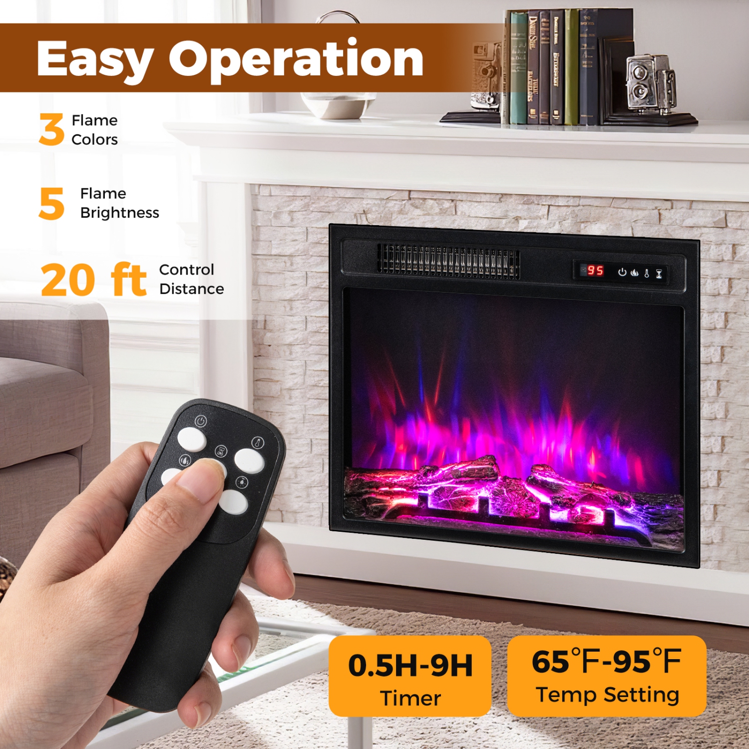 Gymax 18'' Electric Fireplace Insert w/ Remote Control 9H Timer Overheat Protection