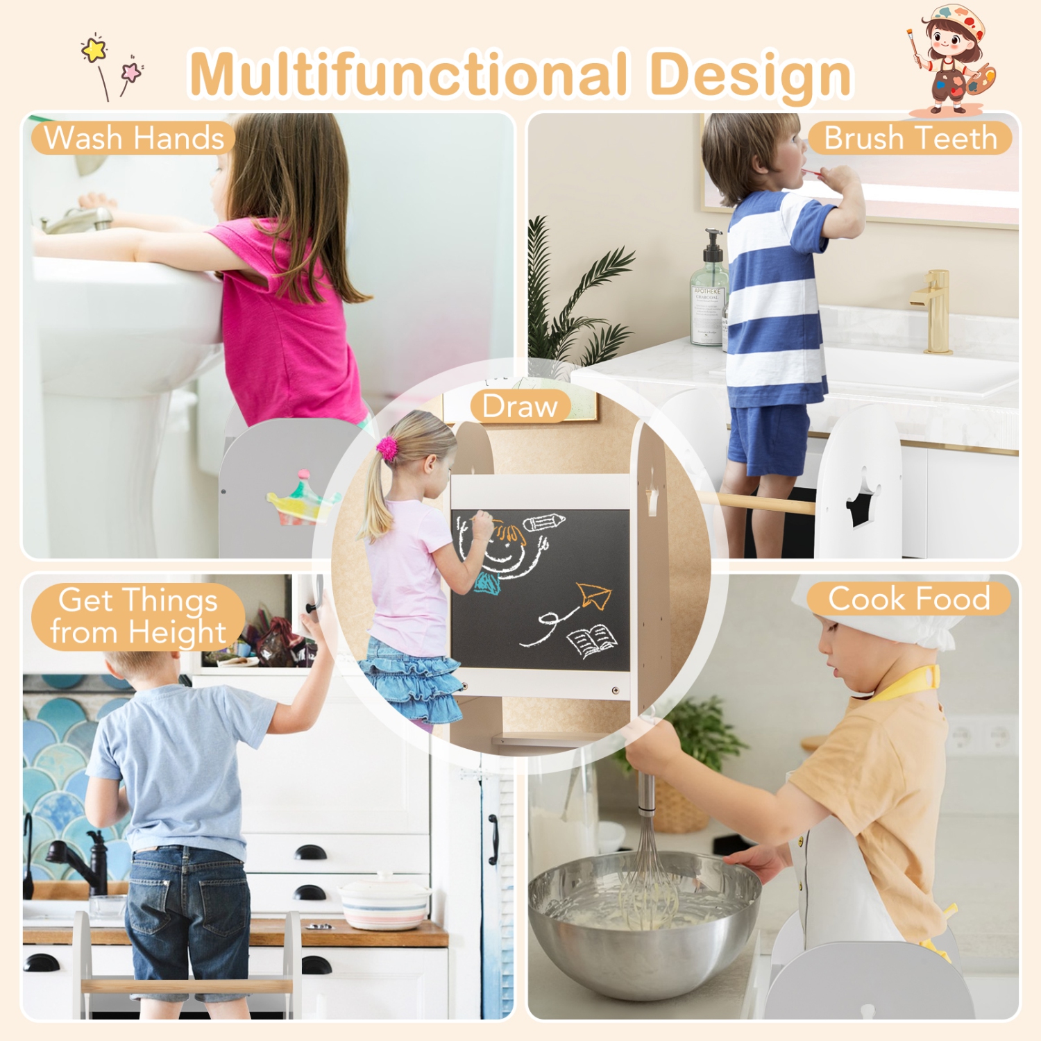 Gymax Multi-purpose Kids Kitchen Tower Children Standing Tower Kids Stool Helper
