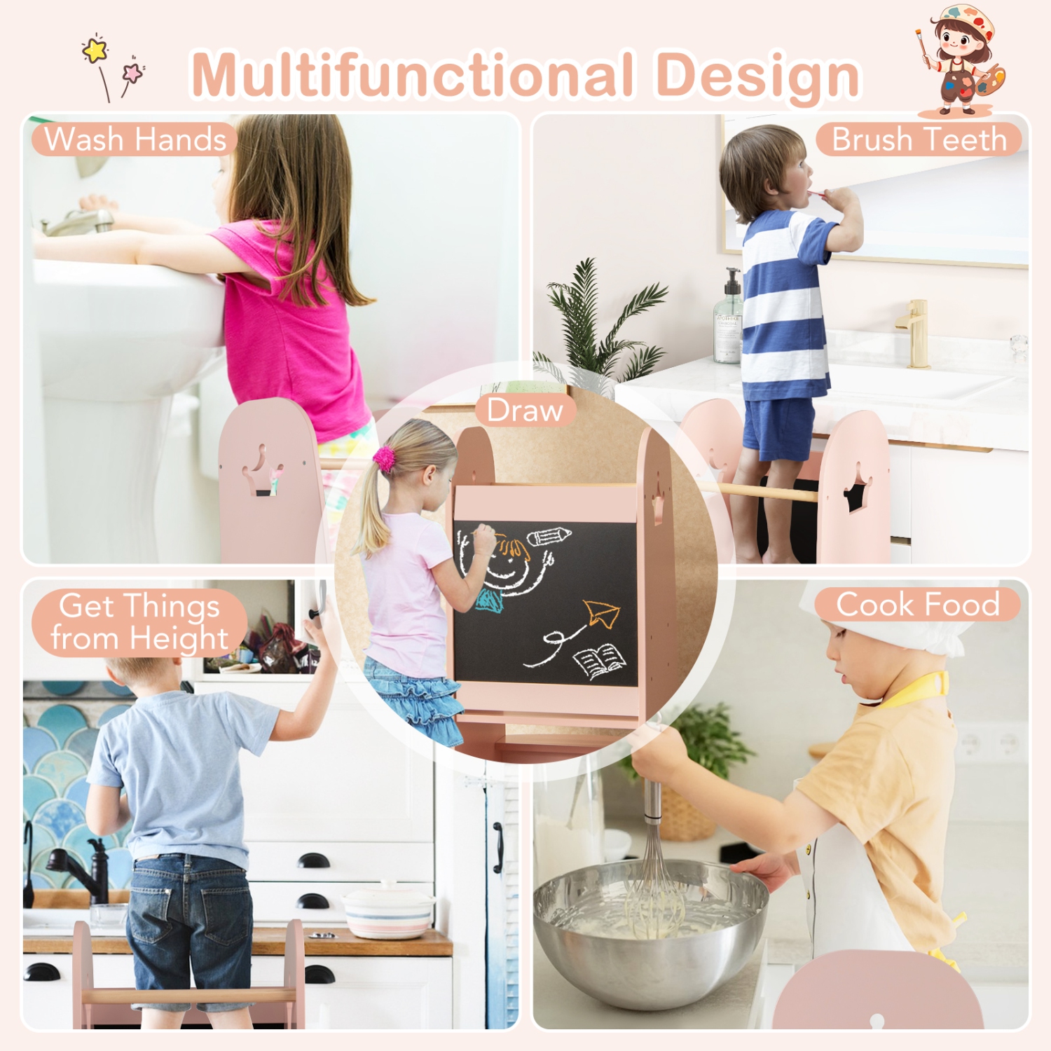 Gymax Multi-purpose Kids Kitchen Tower Children Standing Tower Kids Stool Helper