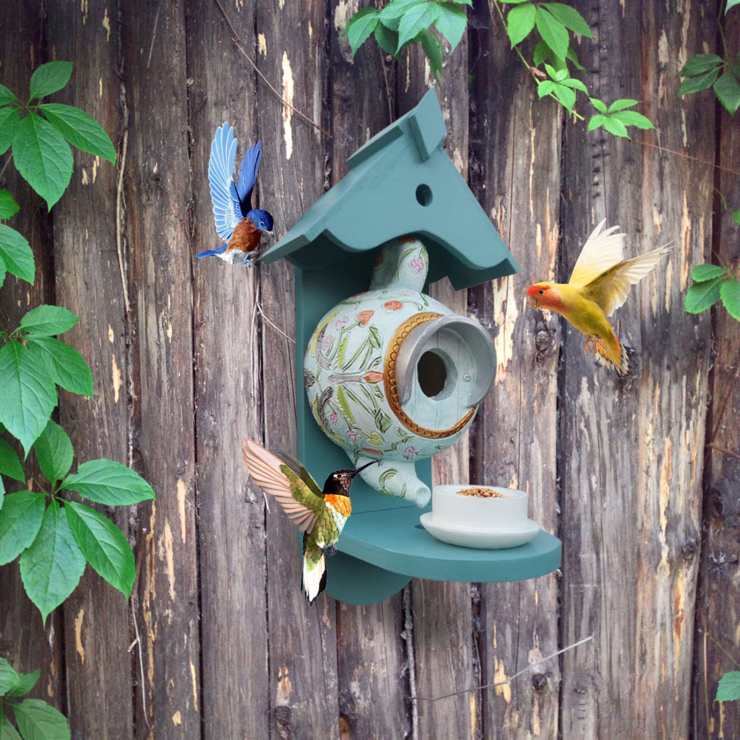 Teapot Bird House Feeder,New Hanging Teapot Aviary Feeder,Wooden Resin Teapot Decoration Bird House Weatherproof Gift