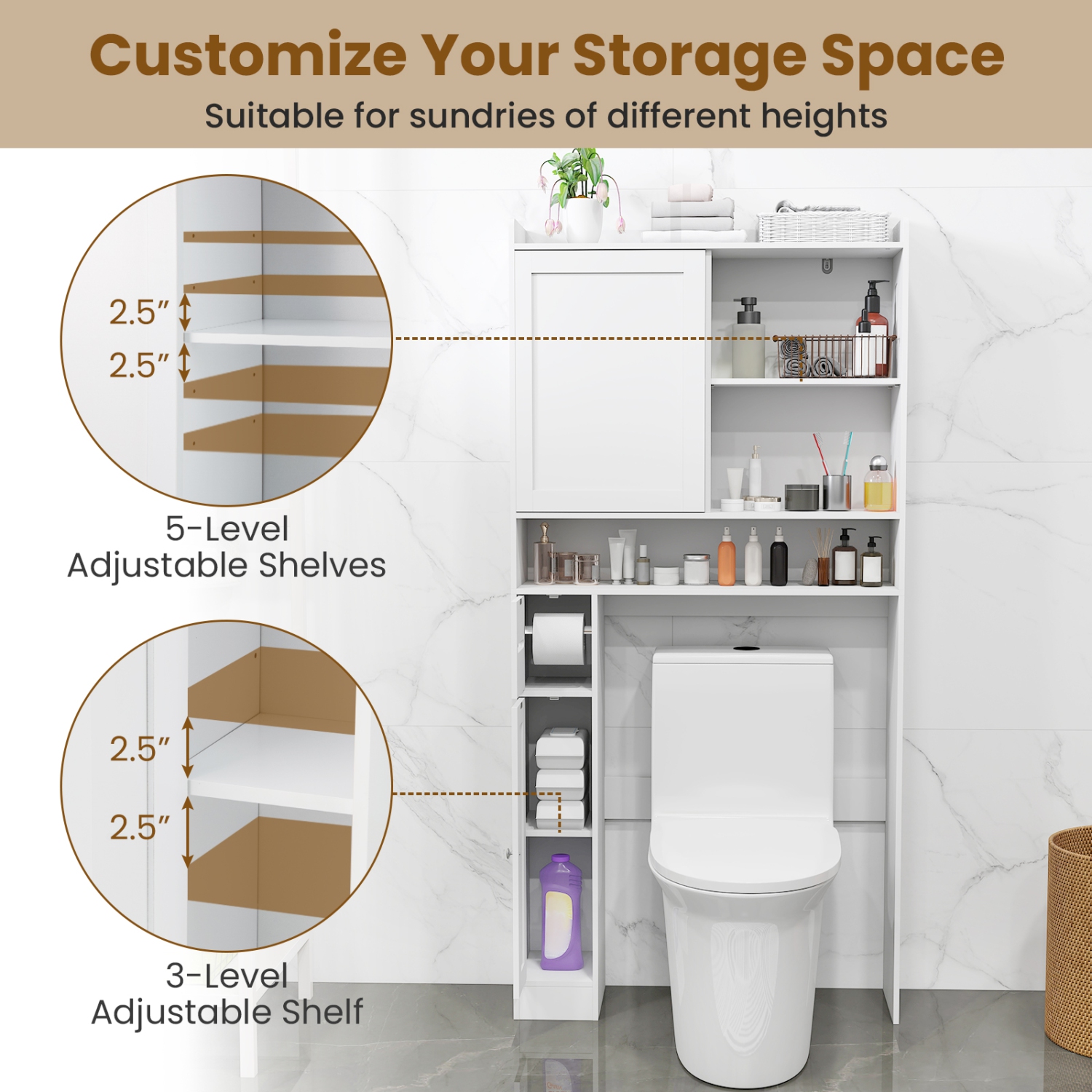 Gymax Over the Toilet Cabinet Space-saving Bathroom Storage Organizer w/ Sliding Door