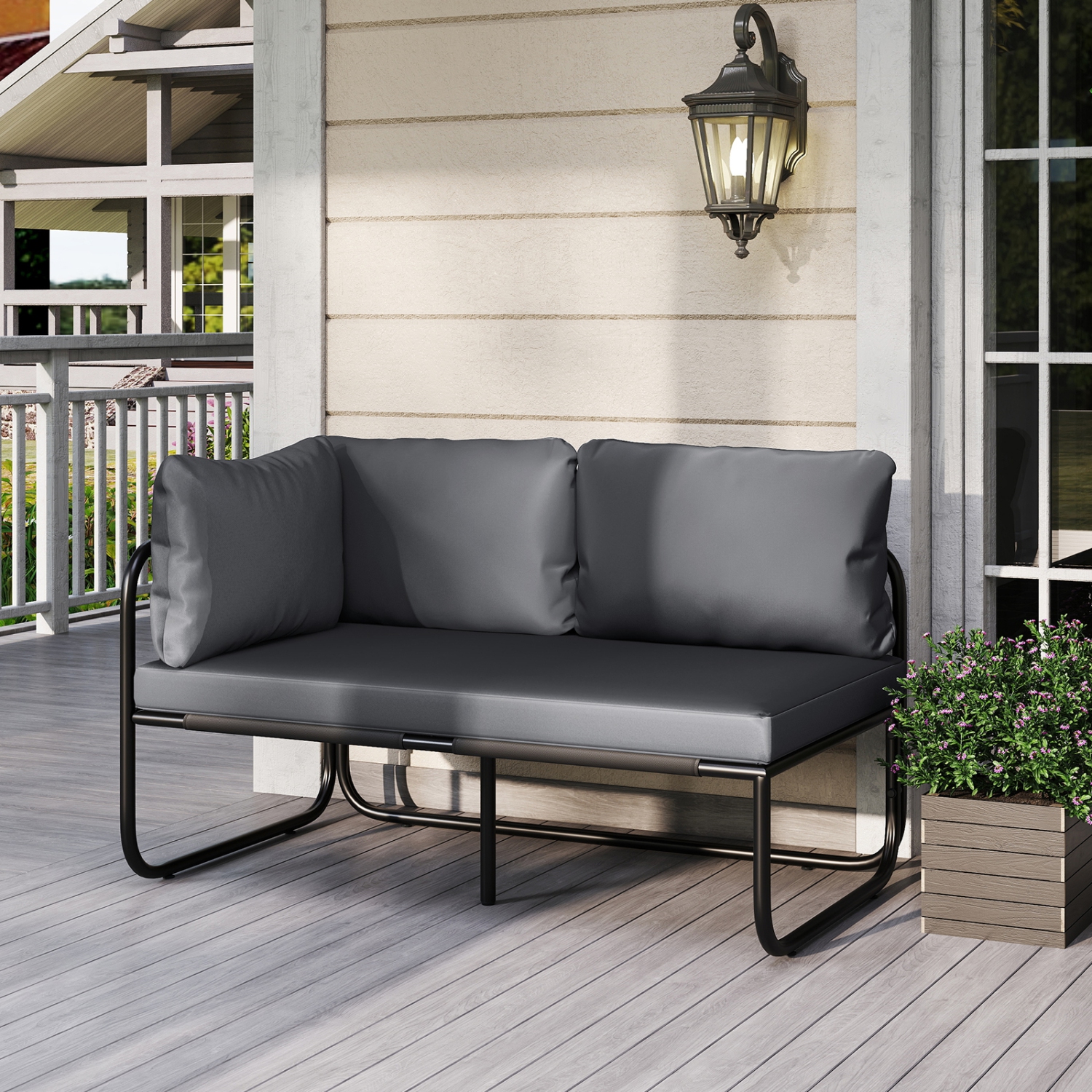 Gymax Patio Loveseat w/ Removable Pillows & Seat Cushion Side Armrest Metal Frame