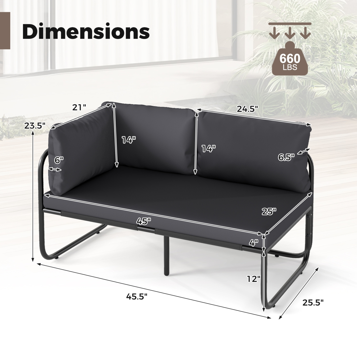 Gymax Patio Loveseat w/ Removable Pillows & Seat Cushion Side Armrest Metal Frame
