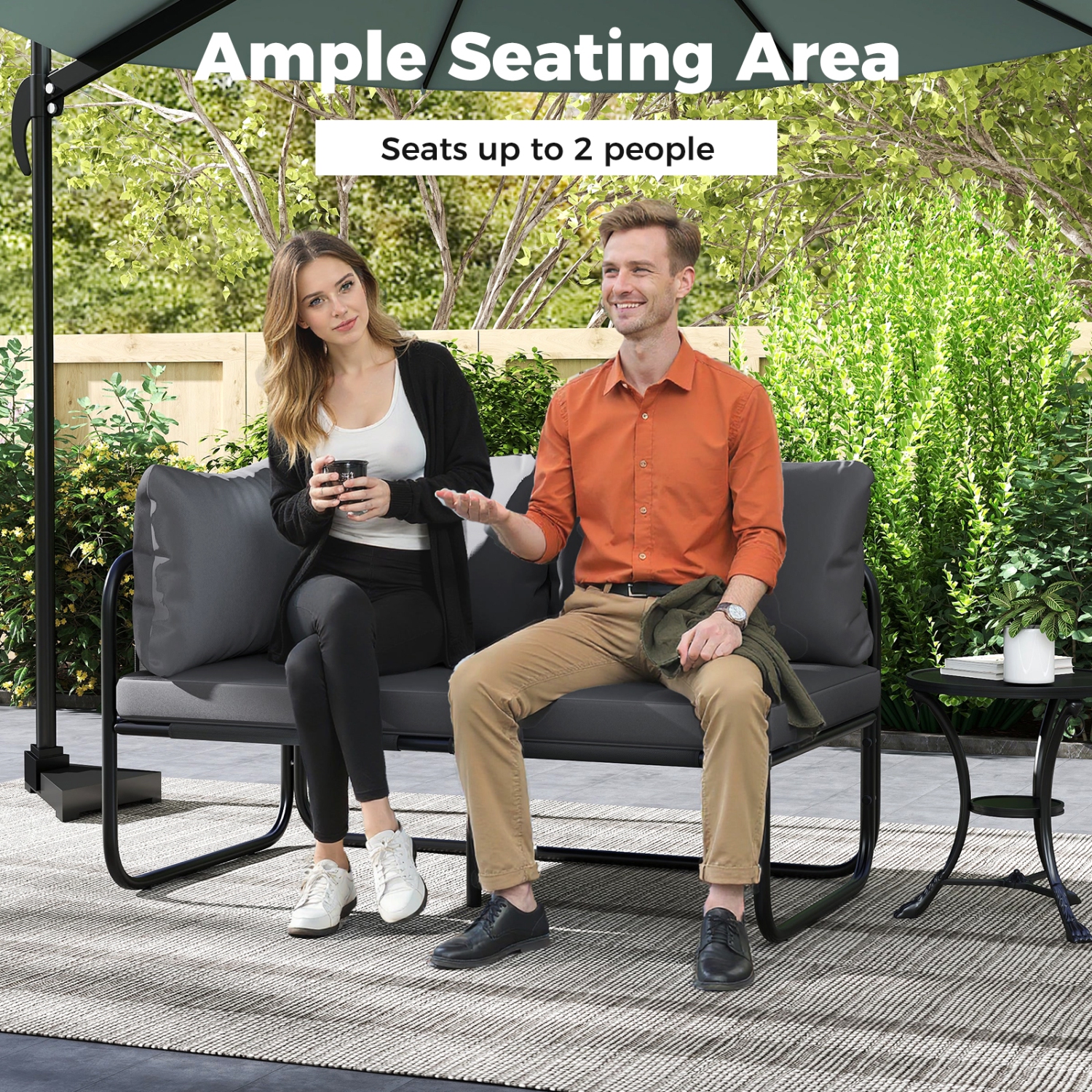 Gymax Patio Loveseat w/ Removable Pillows & Seat Cushion Side Armrest Metal Frame