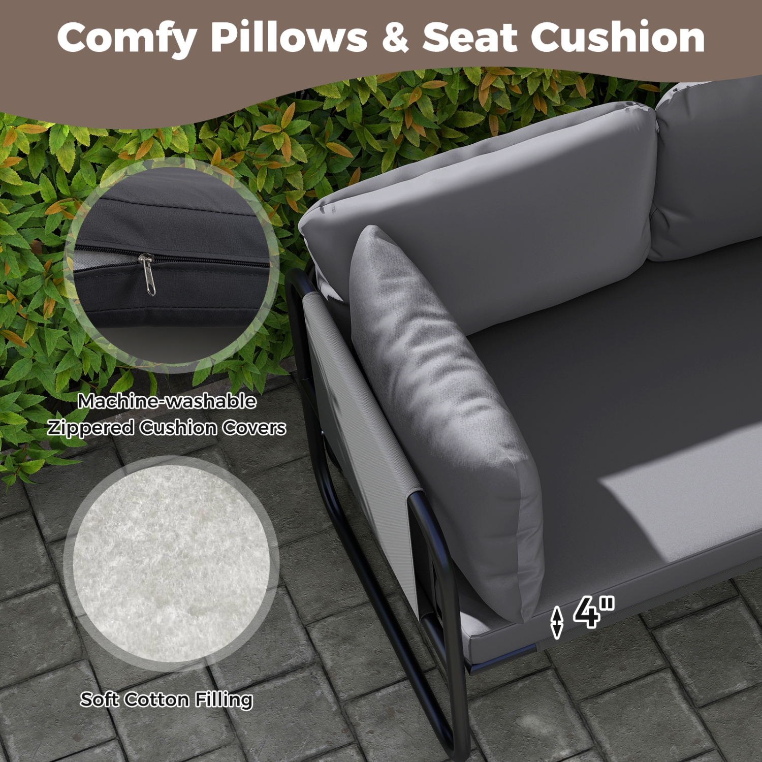 Gymax Patio Loveseat w/ Removable Pillows & Seat Cushion Side Armrest Metal Frame
