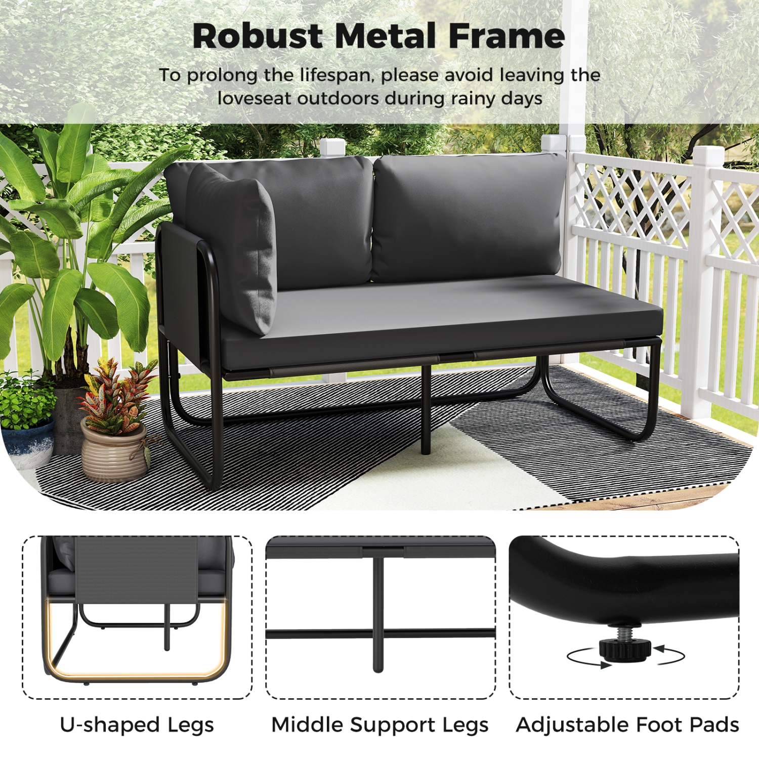 Gymax Patio Loveseat w/ Removable Pillows & Seat Cushion Side Armrest Metal Frame