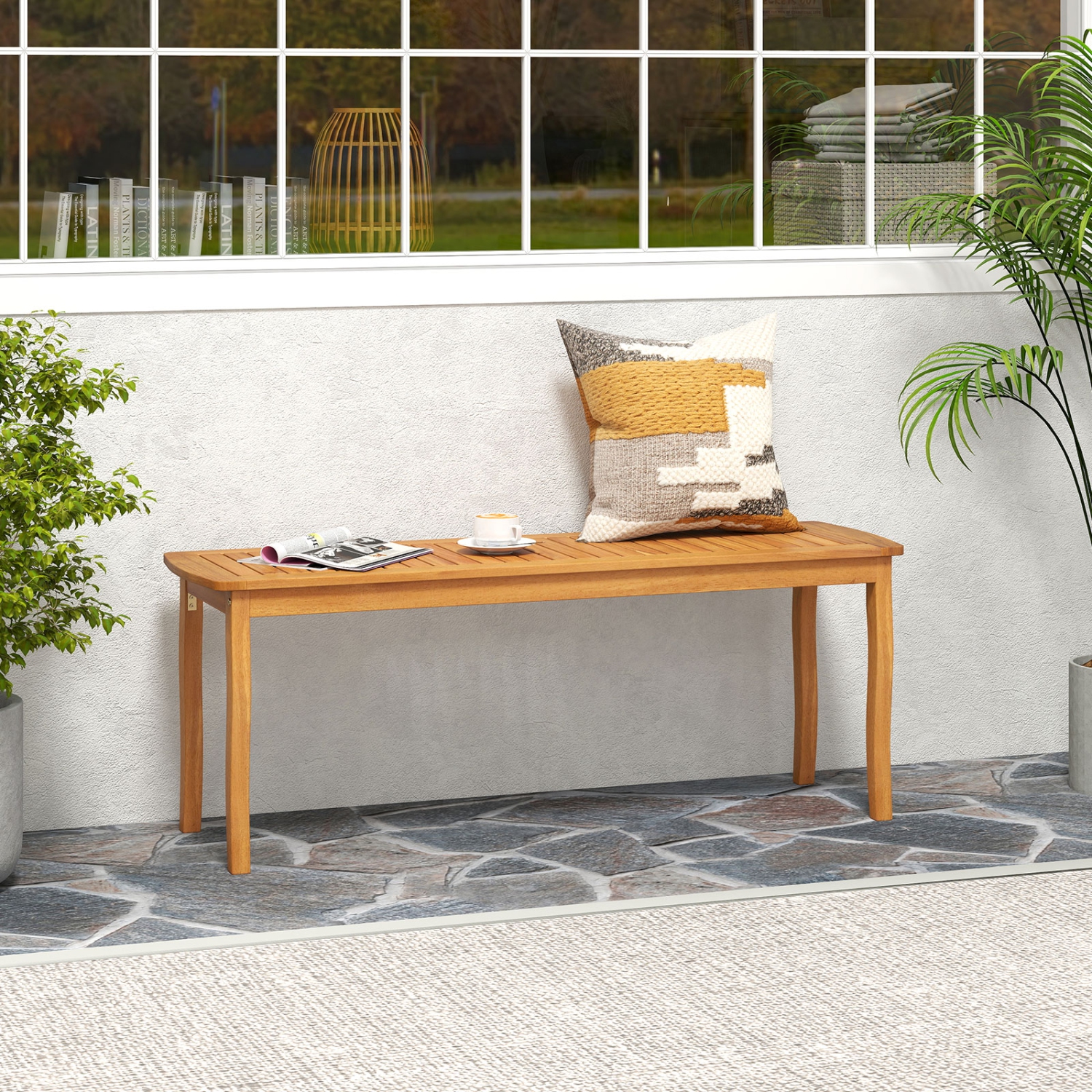 Gymax 2PCS 47'' Long Patio Dining Bench w/ Slatted Seat Backless Wooden Picnic Bench