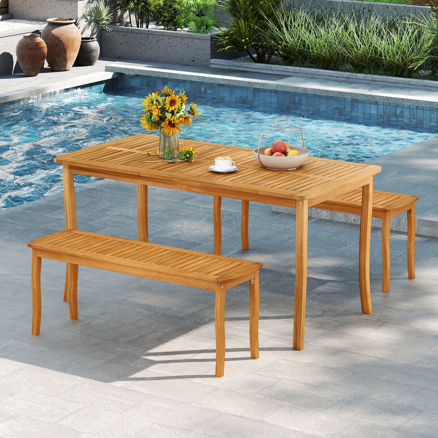 Gymax 2PCS 47'' Long Patio Dining Bench w/ Slatted Seat Backless Wooden Picnic Bench
