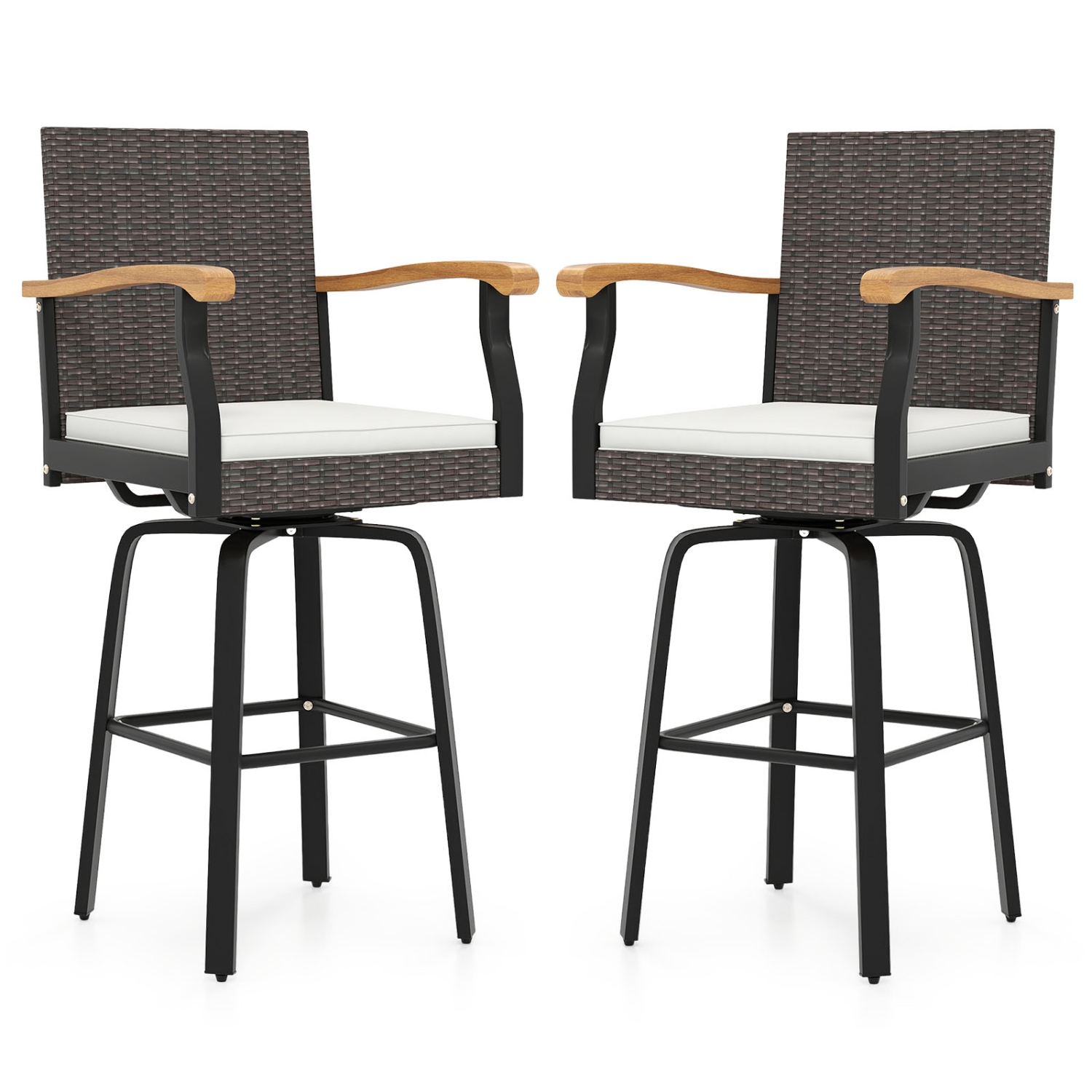Gymax 2 PCS Outdoor Rattan 360 degree Swivel Bar Stool w/ Removable Cushion Footrests