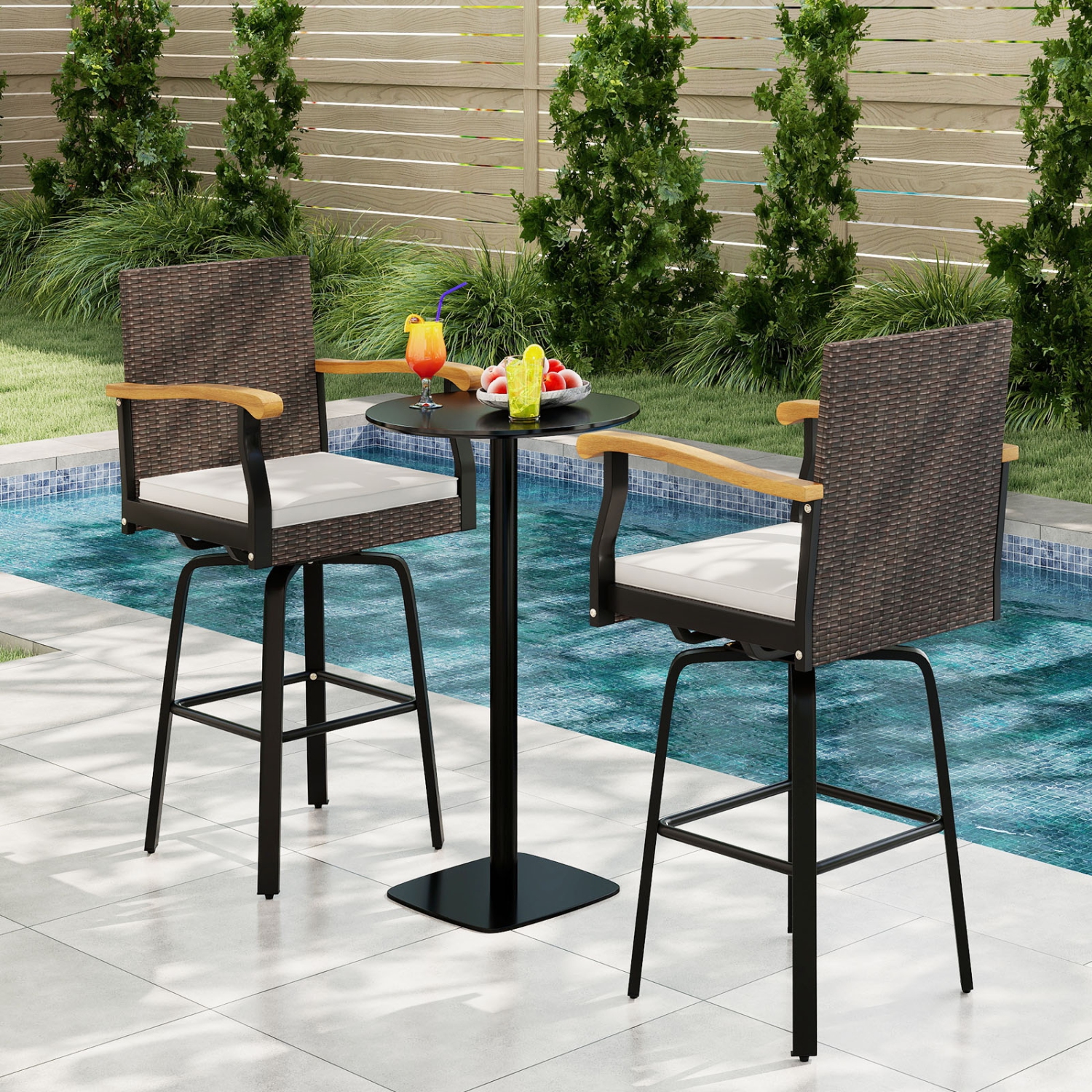 Gymax 2 PCS Outdoor Rattan 360 degree Swivel Bar Stool w/ Removable Cushion Footrests