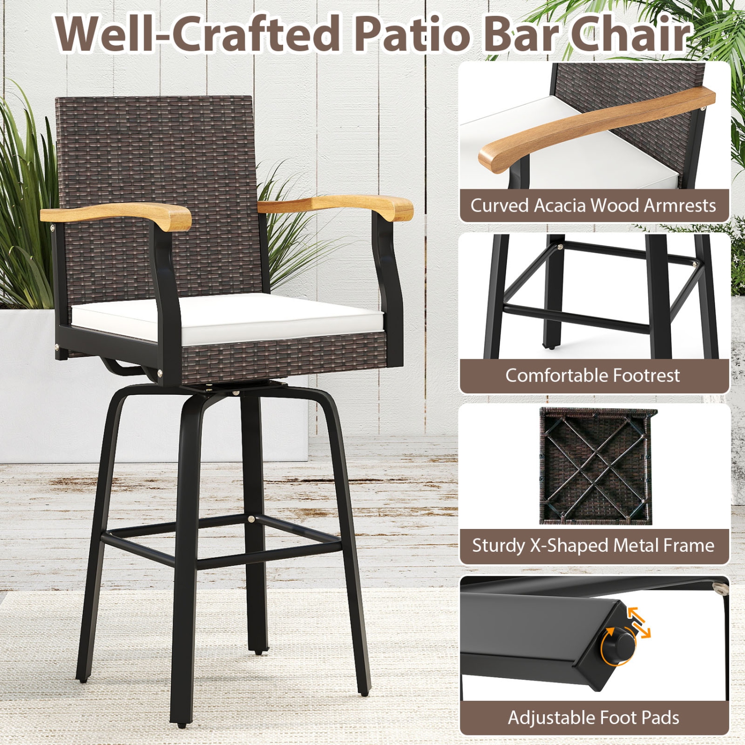 Gymax 2 PCS Outdoor Rattan 360 degree Swivel Bar Stool w/ Removable Cushion Footrests