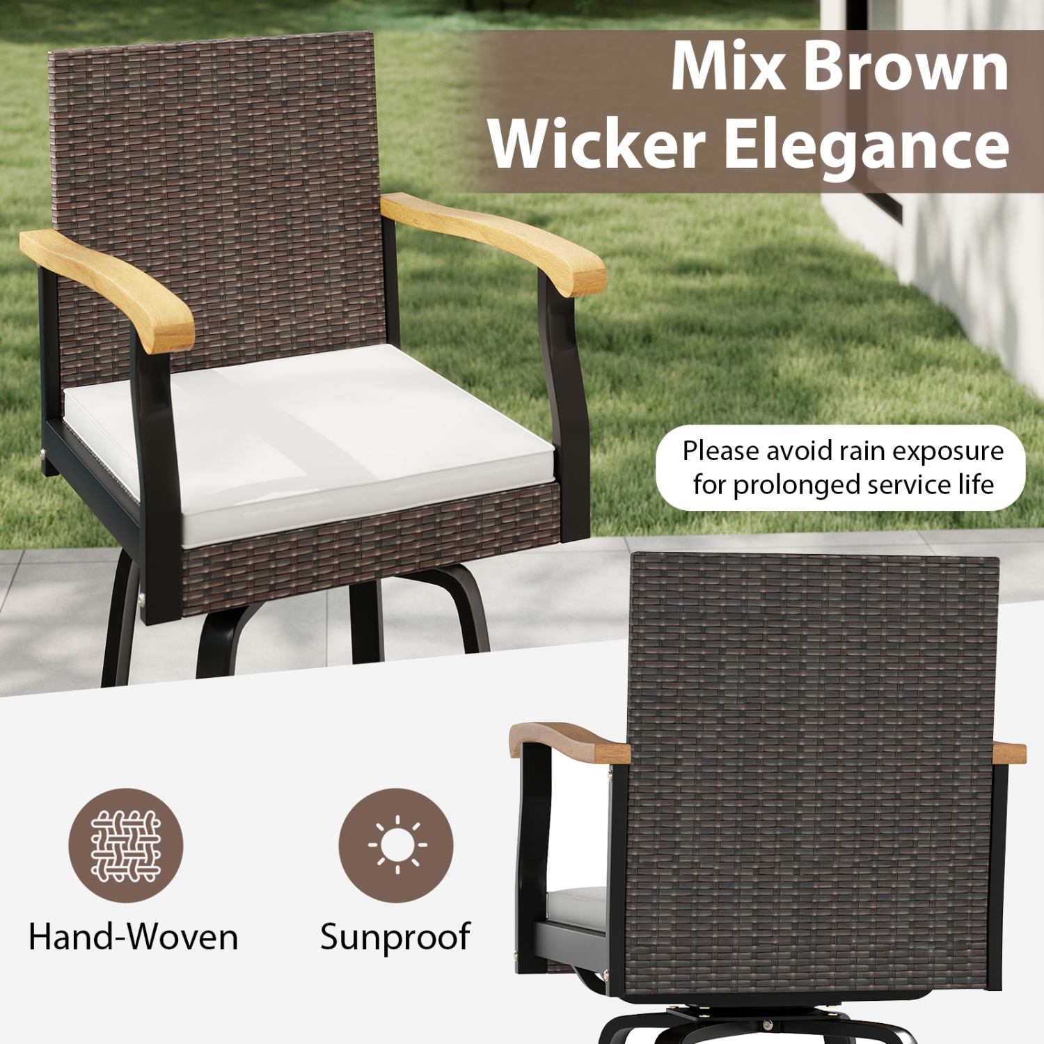 Gymax 2 PCS Outdoor Rattan 360 degree Swivel Bar Stool w/ Removable Cushion Footrests