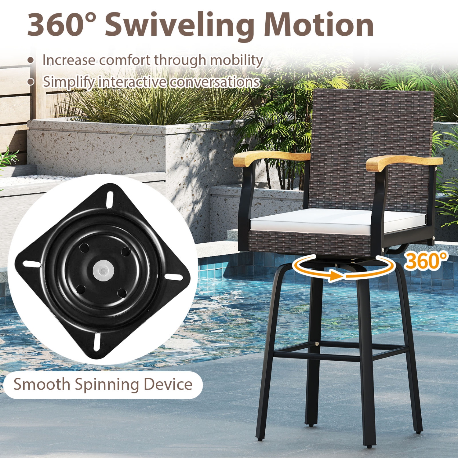 Gymax 2 PCS Outdoor Rattan 360 degree Swivel Bar Stool w/ Removable Cushion Footrests