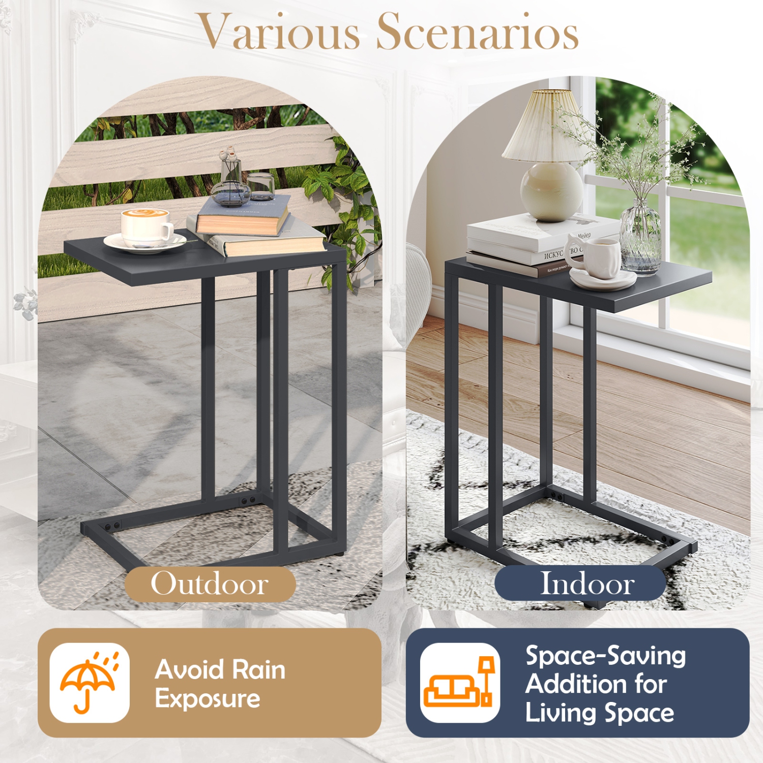 Gymax C Shaped End Table w/ Metal Frame Sofa Table for Small Space Indoor Outdoor