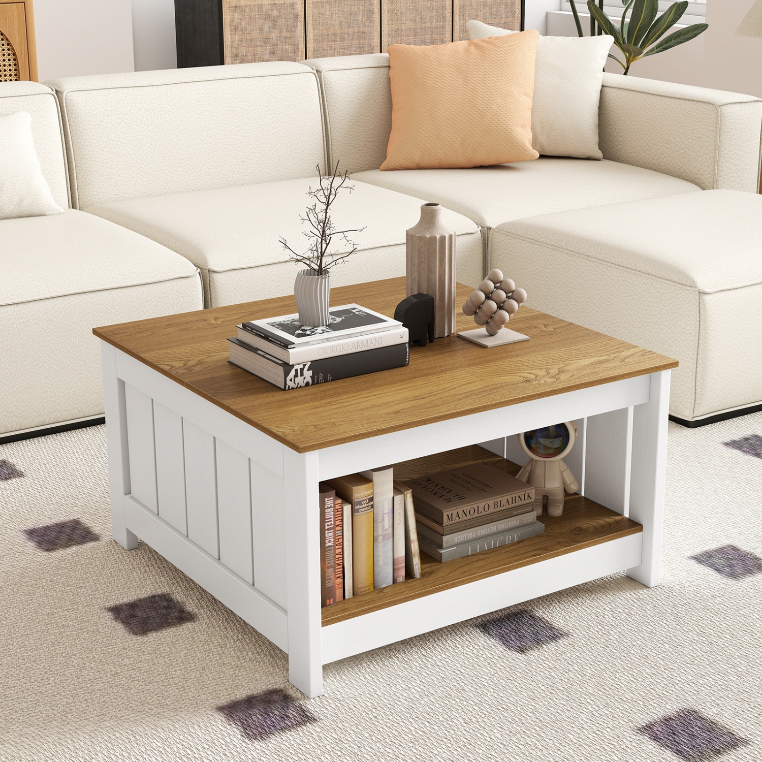 Gymax Coffee Table w/ Storage Shelf Farmhouse Rustic Center Table Space-Saving