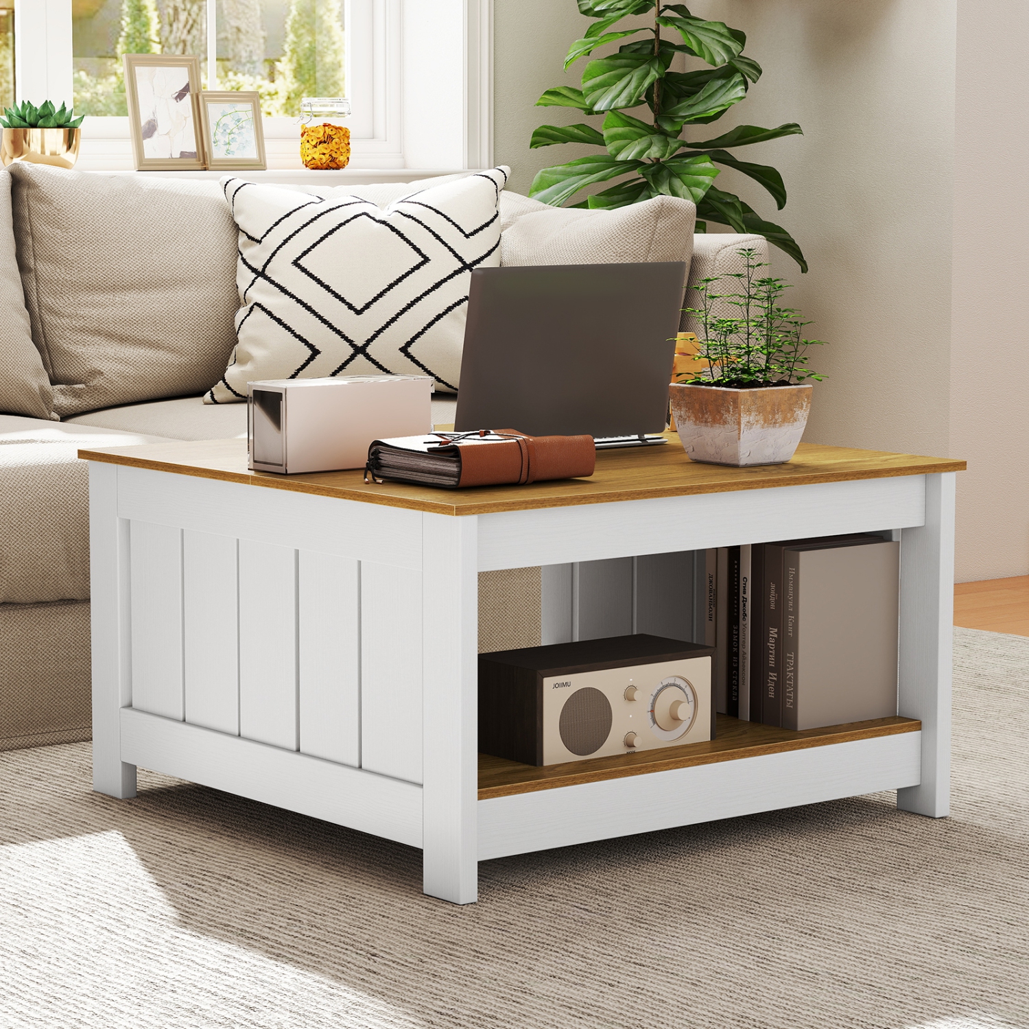 Gymax Coffee Table w/ Storage Shelf Farmhouse Rustic Center Table Space-Saving
