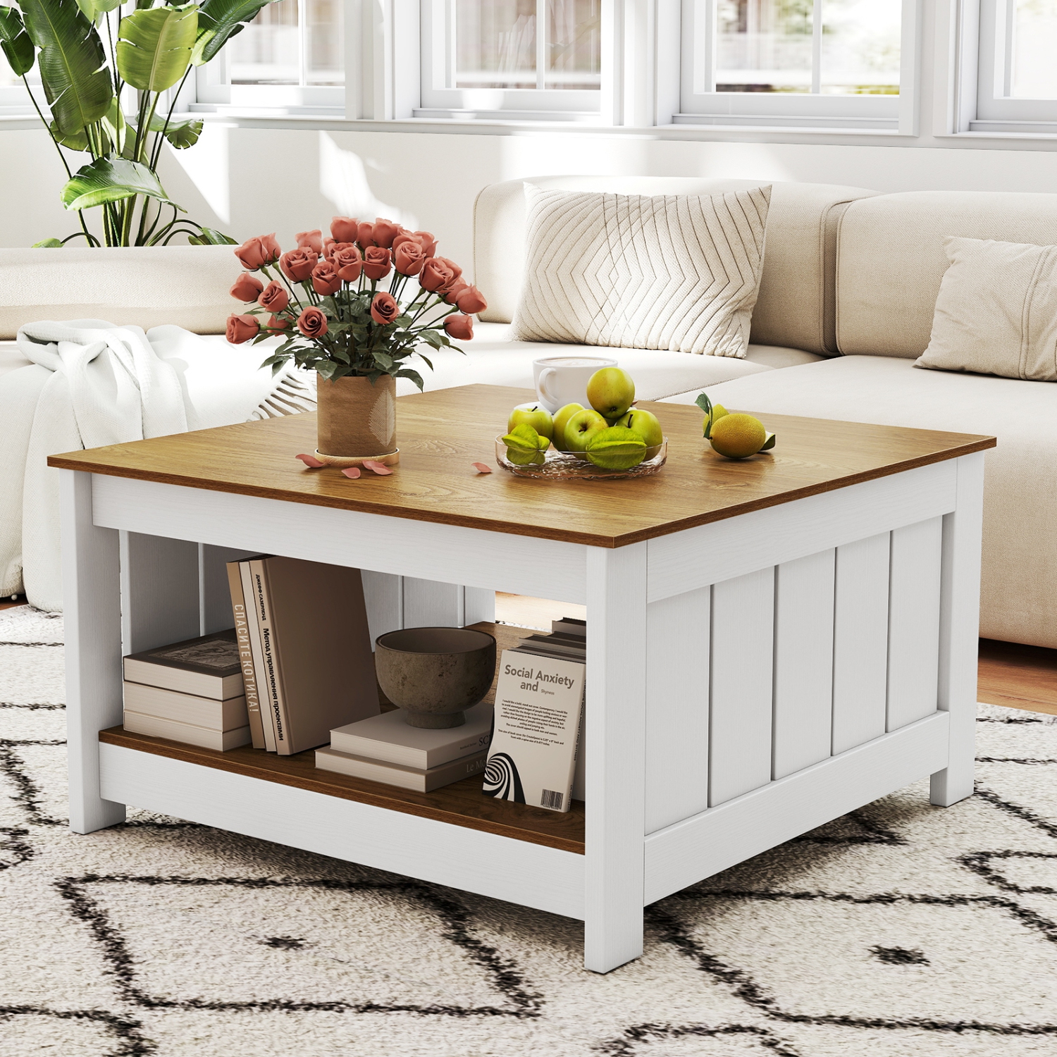 Gymax Coffee Table w/ Storage Shelf Farmhouse Rustic Center Table Space-Saving