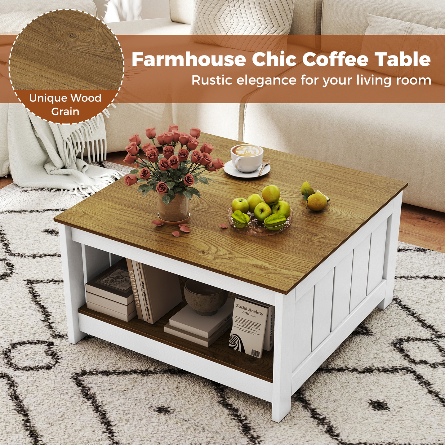 Gymax Coffee Table w/ Storage Shelf Farmhouse Rustic Center Table Space-Saving