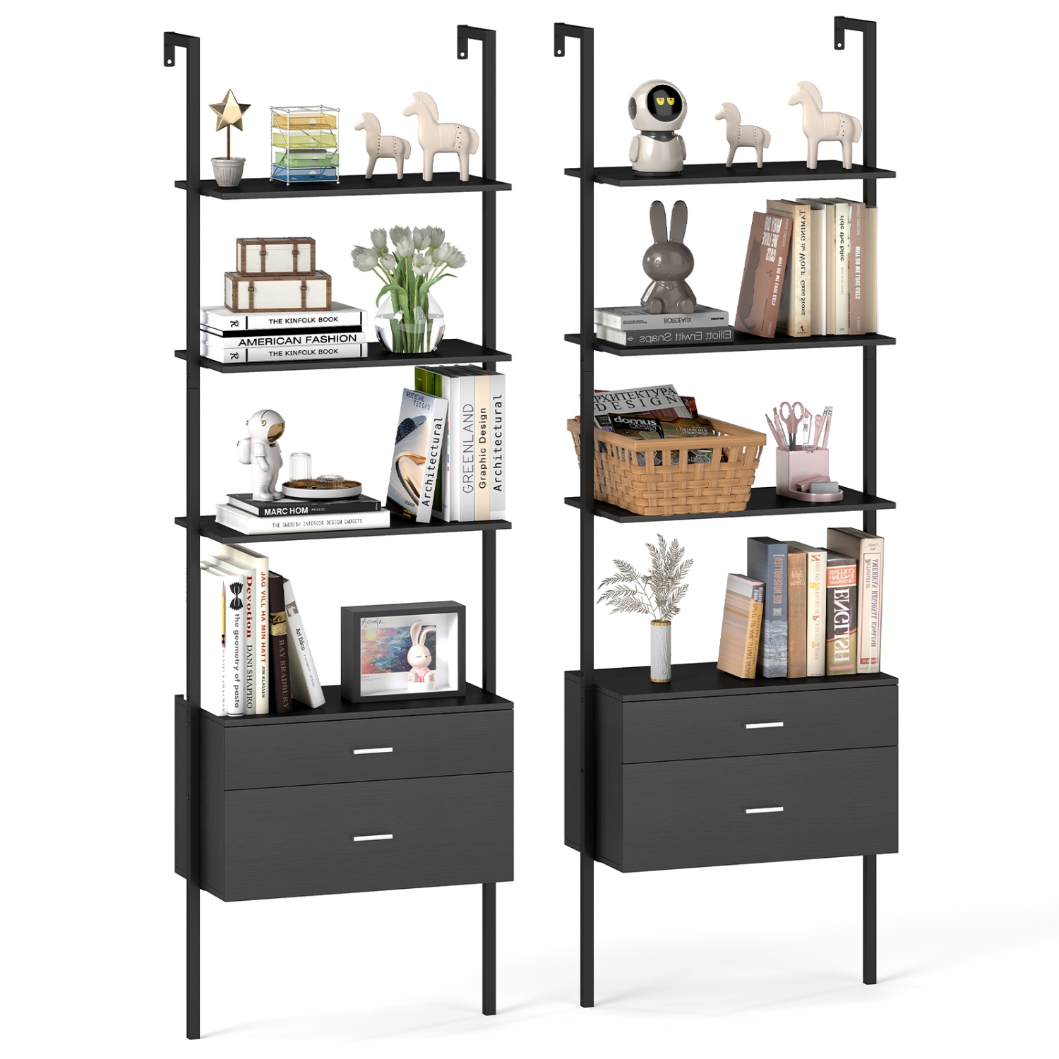 Gymax 2 PCS Ladder Bookshelf w/ Storage Wall Mount Bookcase w/ 4 Open Shelves Black