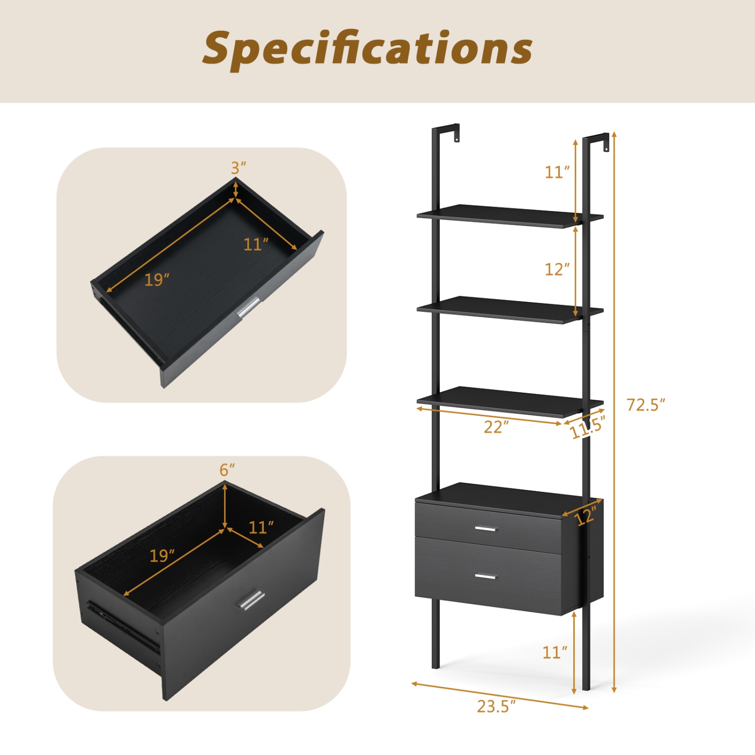Gymax 2 PCS Ladder Bookshelf w/ Storage Wall Mount Bookcase w/ 4 Open Shelves Black