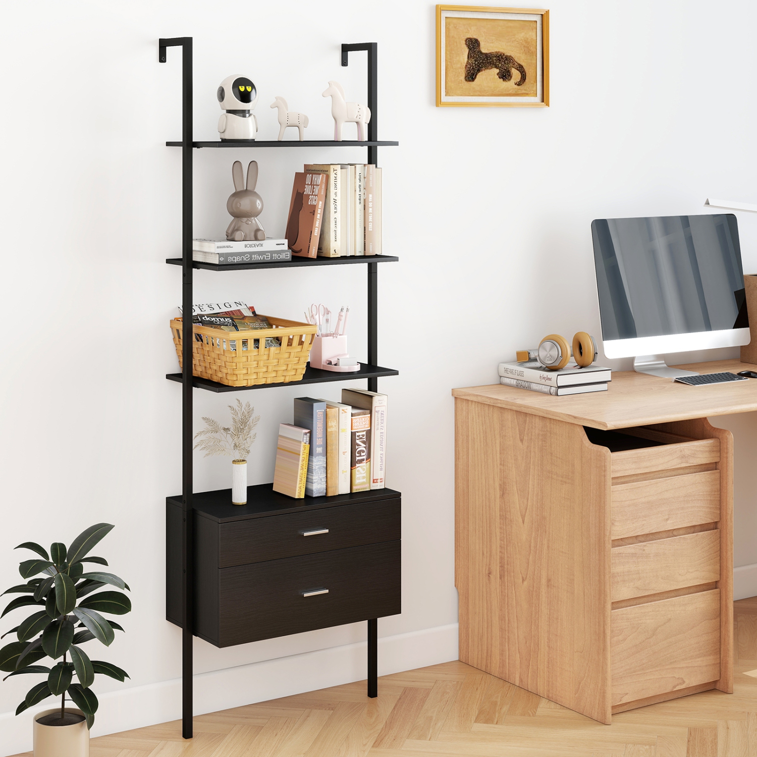 Gymax 2 PCS Ladder Bookshelf w/ Storage Wall Mount Bookcase w/ 4 Open Shelves Black