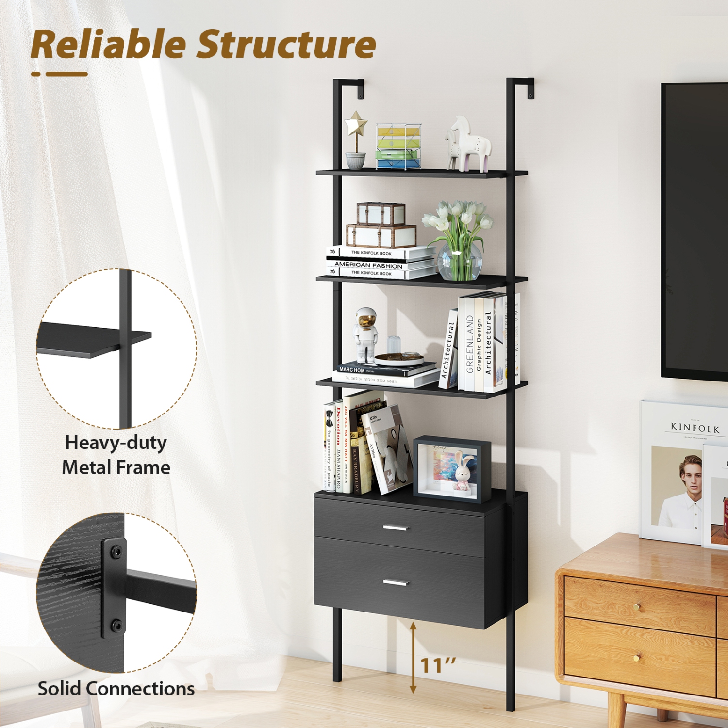 Gymax 2 PCS Ladder Bookshelf w/ Storage Wall Mount Bookcase w/ 4 Open Shelves Black