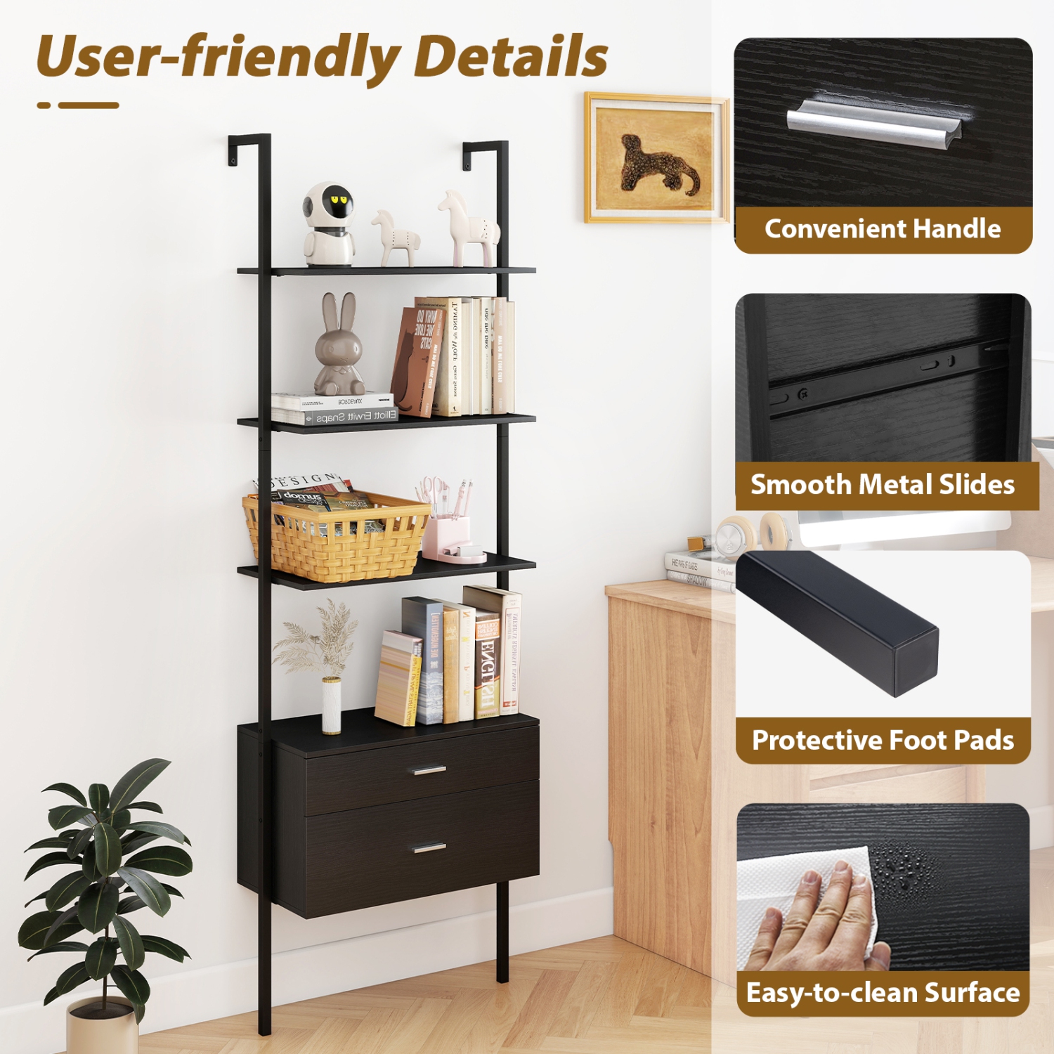 Gymax 2 PCS Ladder Bookshelf w/ Storage Wall Mount Bookcase w/ 4 Open Shelves Black