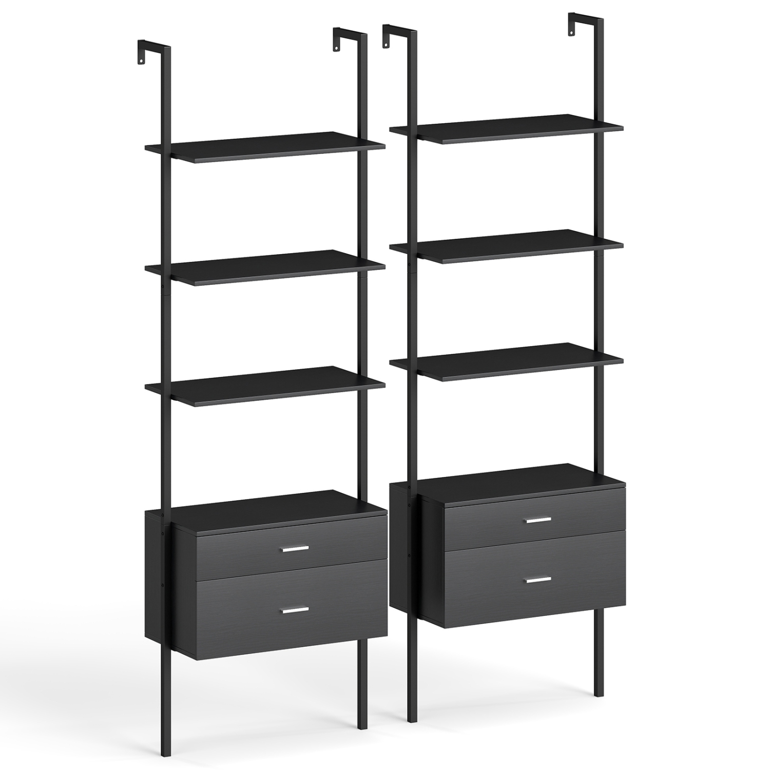 Gymax 2 PCS Ladder Bookshelf w/ Storage Wall Mount Bookcase w/ 4 Open Shelves Black