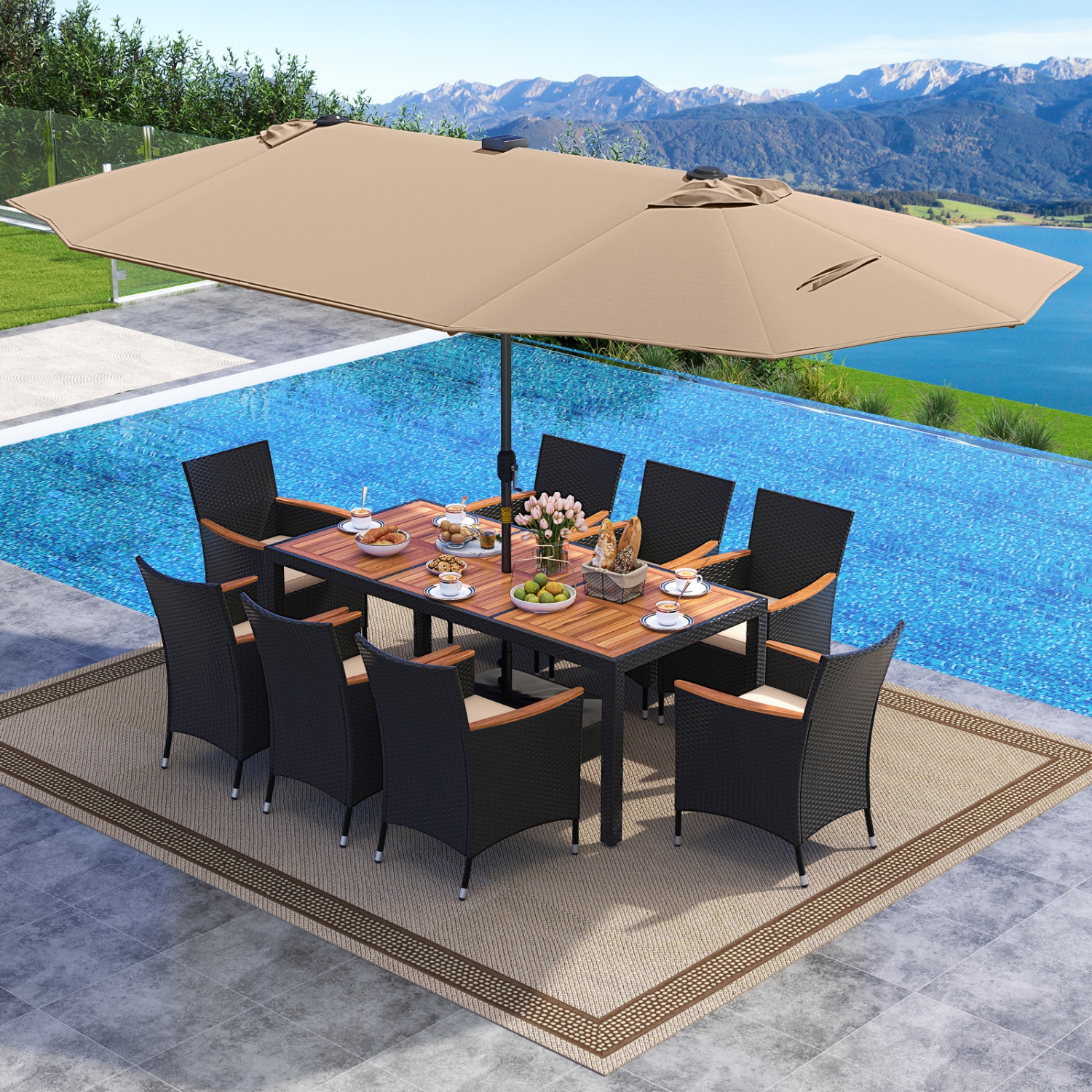 Gymax Set Of 11 Patio Dining Set w/ 15ft Double-Sided Patio Umbrella