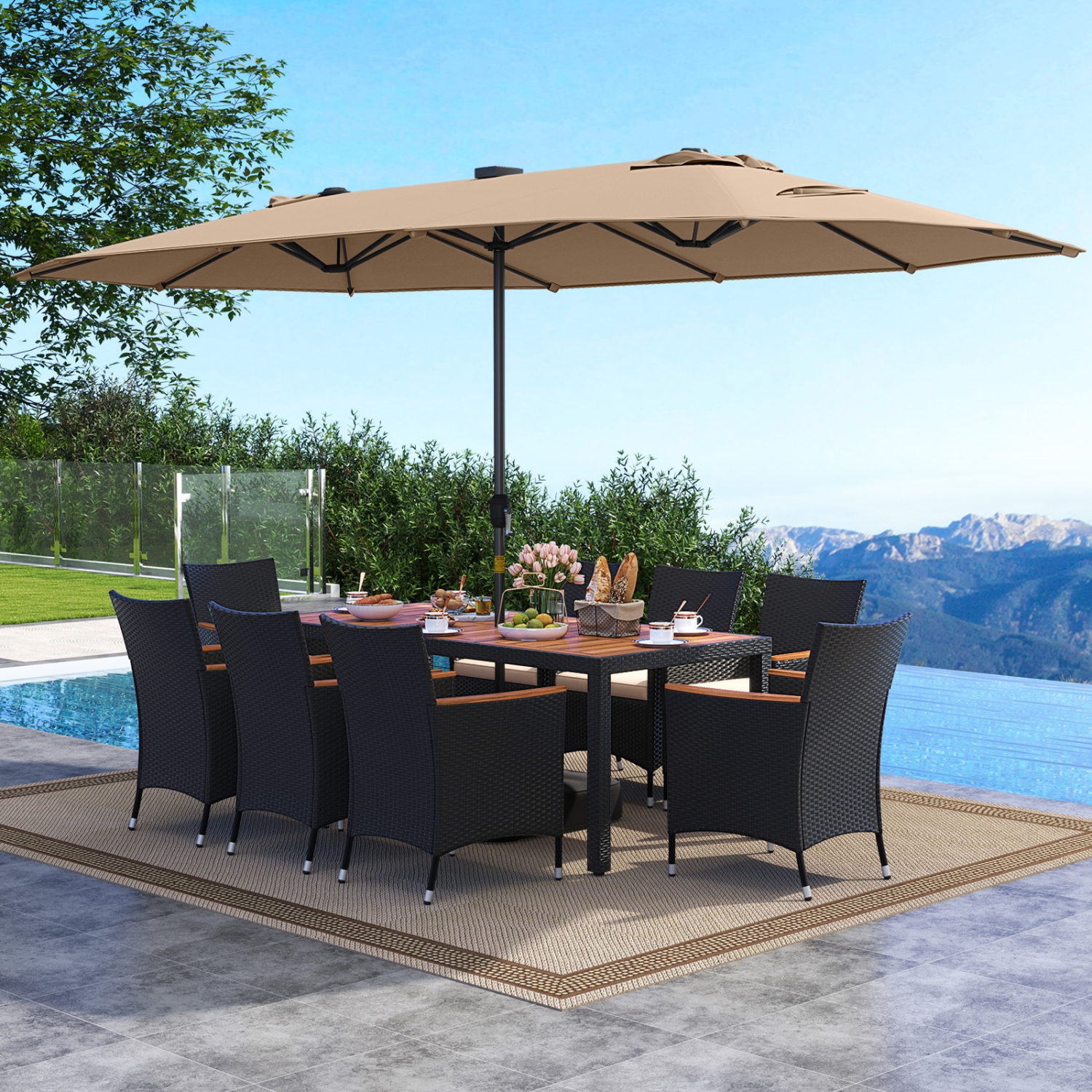 Gymax Set Of 11 Patio Dining Set w/ 15ft Double-Sided Patio Umbrella