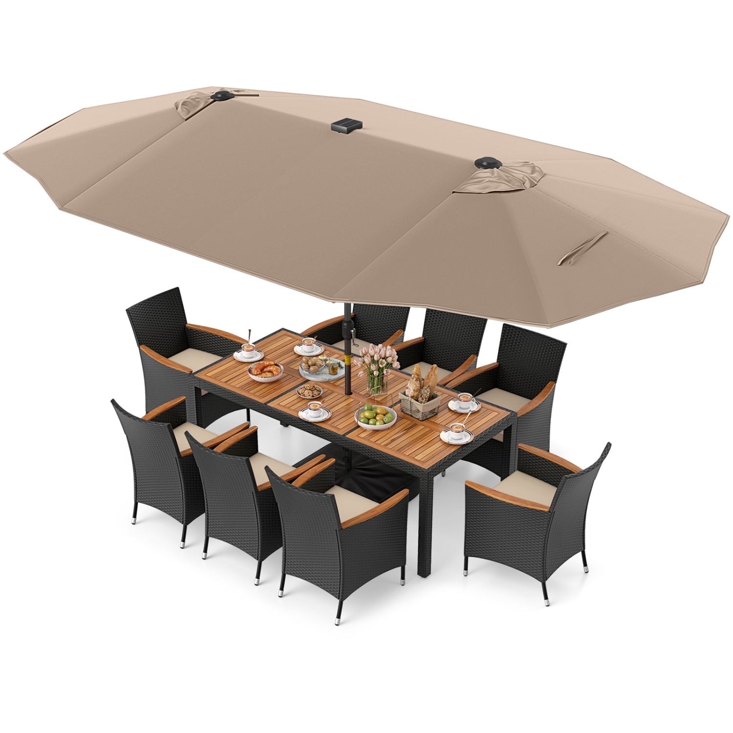 Gymax Set Of 11 Patio Dining Set w/ 15ft Double-Sided Patio Umbrella
