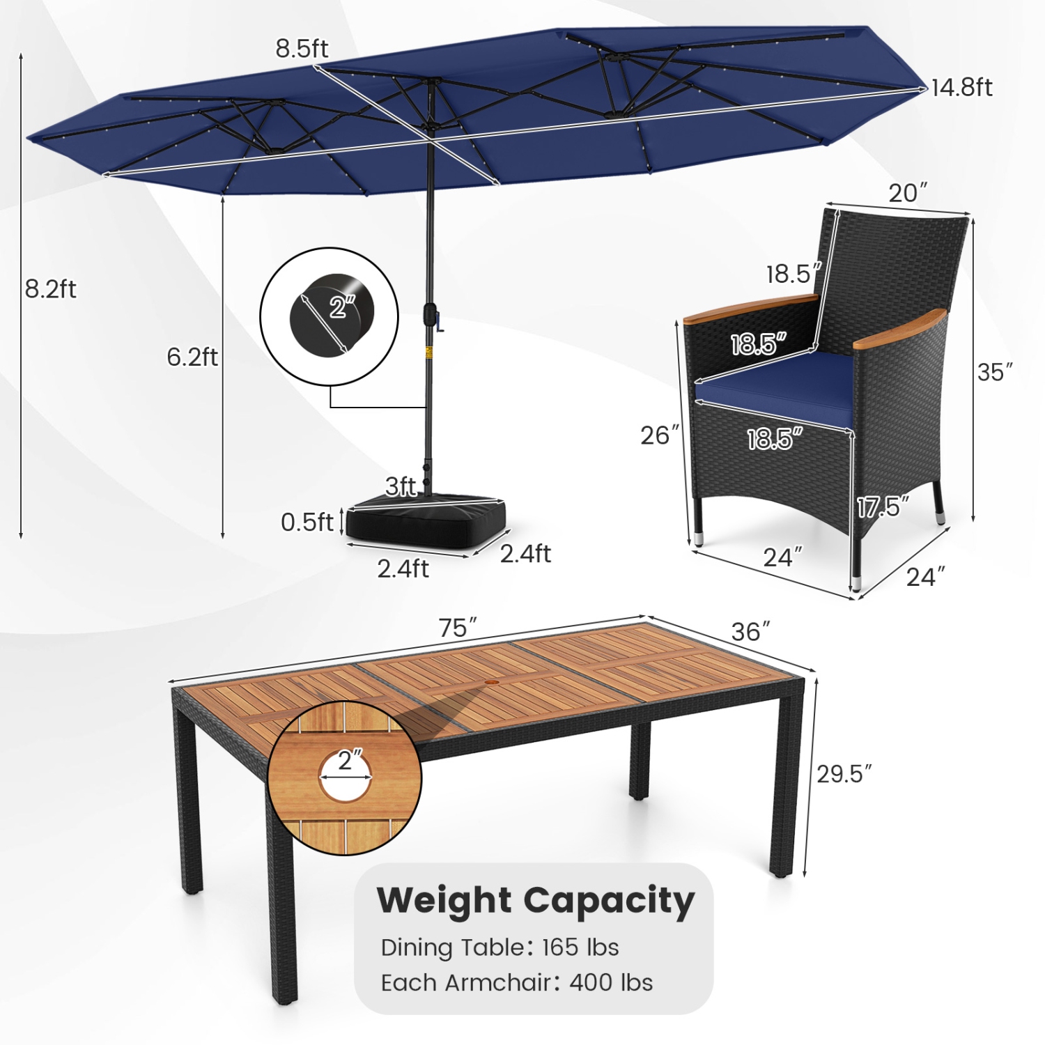 Gymax 11 PCS Patio Dining Set w/ 15ft Double-Sided Patio Umbrella