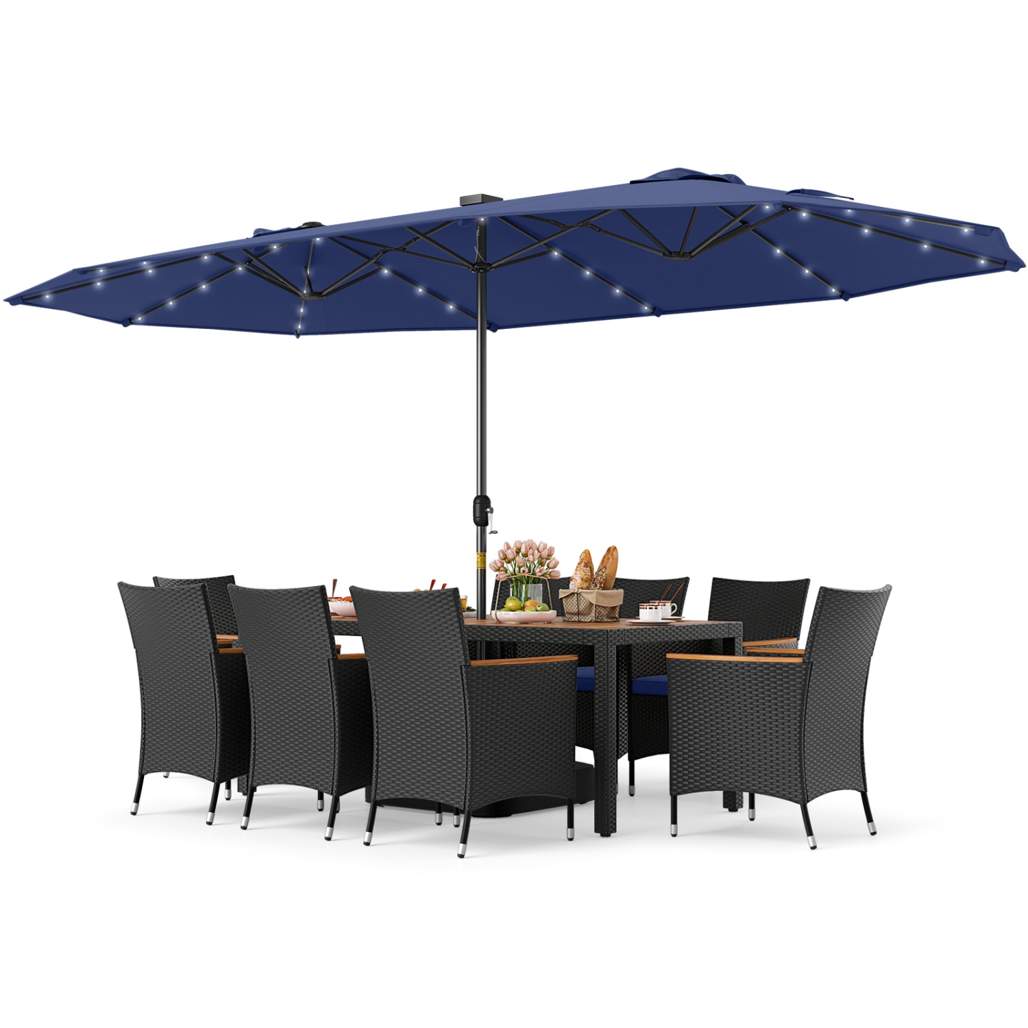 Gymax 11 PCS Patio Dining Set w/ 15ft Double-Sided Patio Umbrella