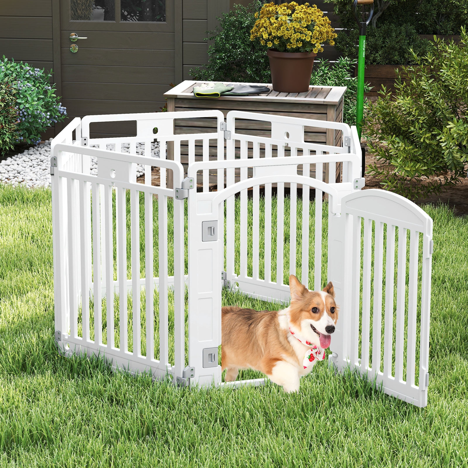 Gymax 32'' 6-Panel Dog Playpen w/ Secure Locking Door & Ground Stakes Easy Assembly