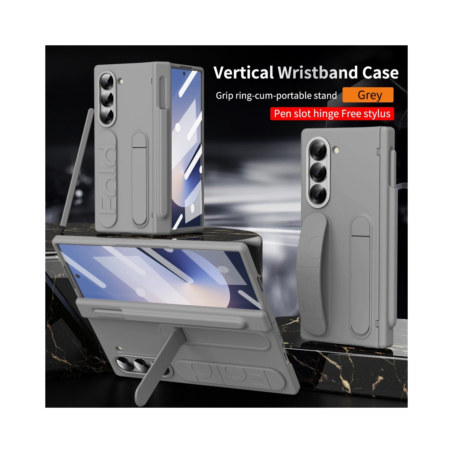 Étui Z Fold 6 de Samsung avec porte-bracelet, fente à charnière pour stylet 4/3 et étui pliable - Gris