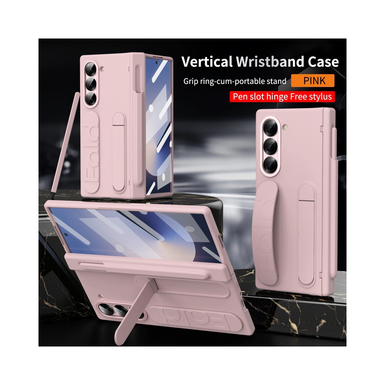 Étui Z Fold 6 de Samsung avec porte-bracelet, fente à charnière pour stylet 4/3 et étui pliable - Rose