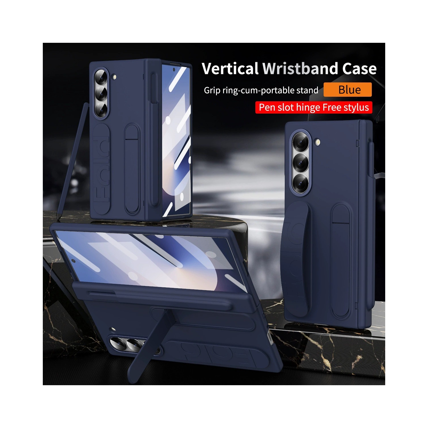 Samsung Z Fold 6 Case with Wristband Holder, 4/3 Hinge Pen Slot, and Folding Case Cover - Blue