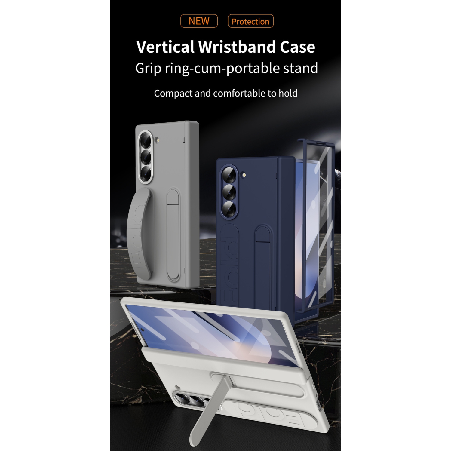 Samsung Z Fold 6 Case with Wristband Holder, 4/3 Hinge Pen Slot, and Folding Case Cover - Blue