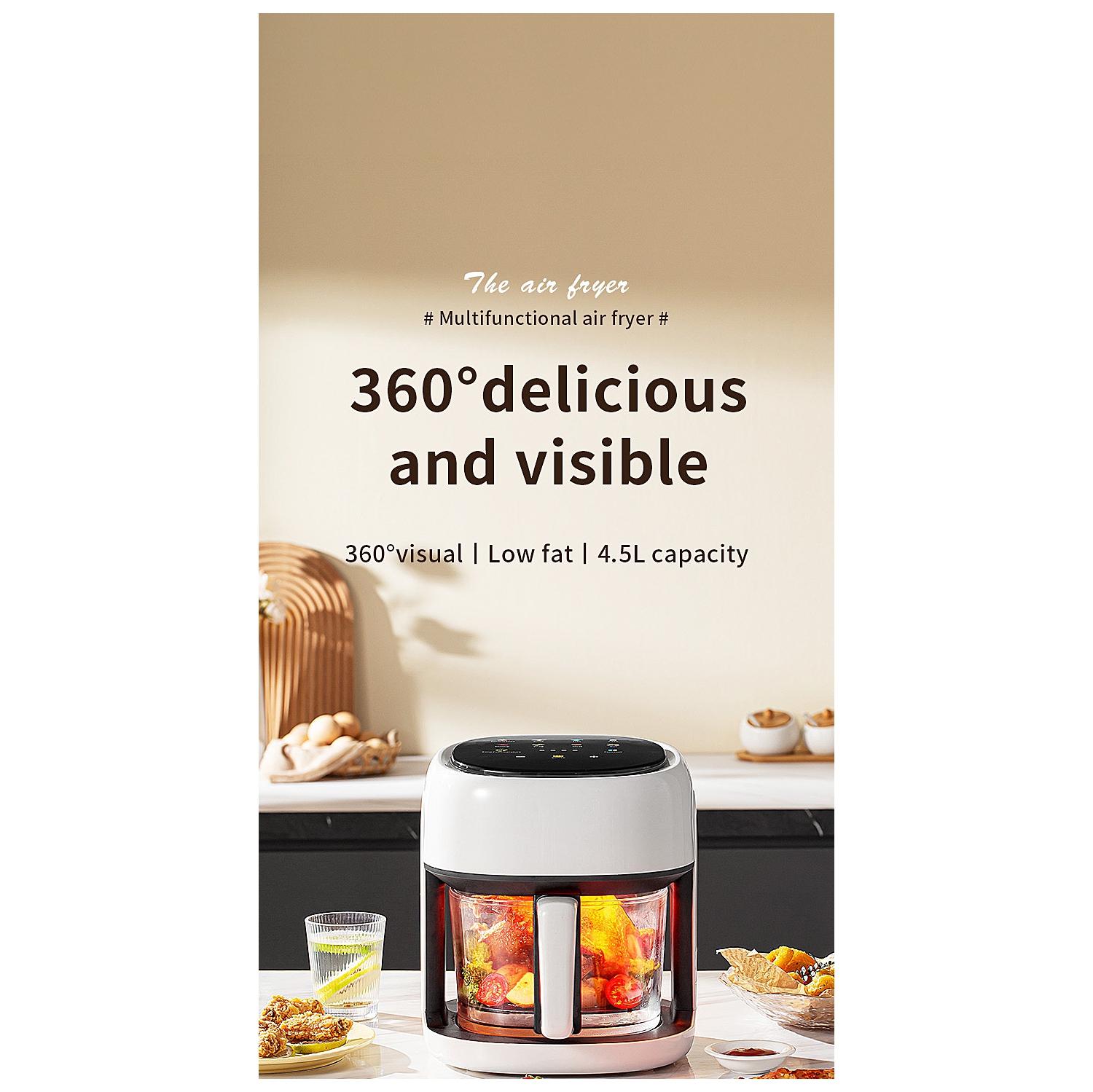 Friteuse à air chaud intelligente de 4,5 L avec affichage visuel, grande capacité en verre, blanc doux, chauffage ambiophonique 3D, cuisson à